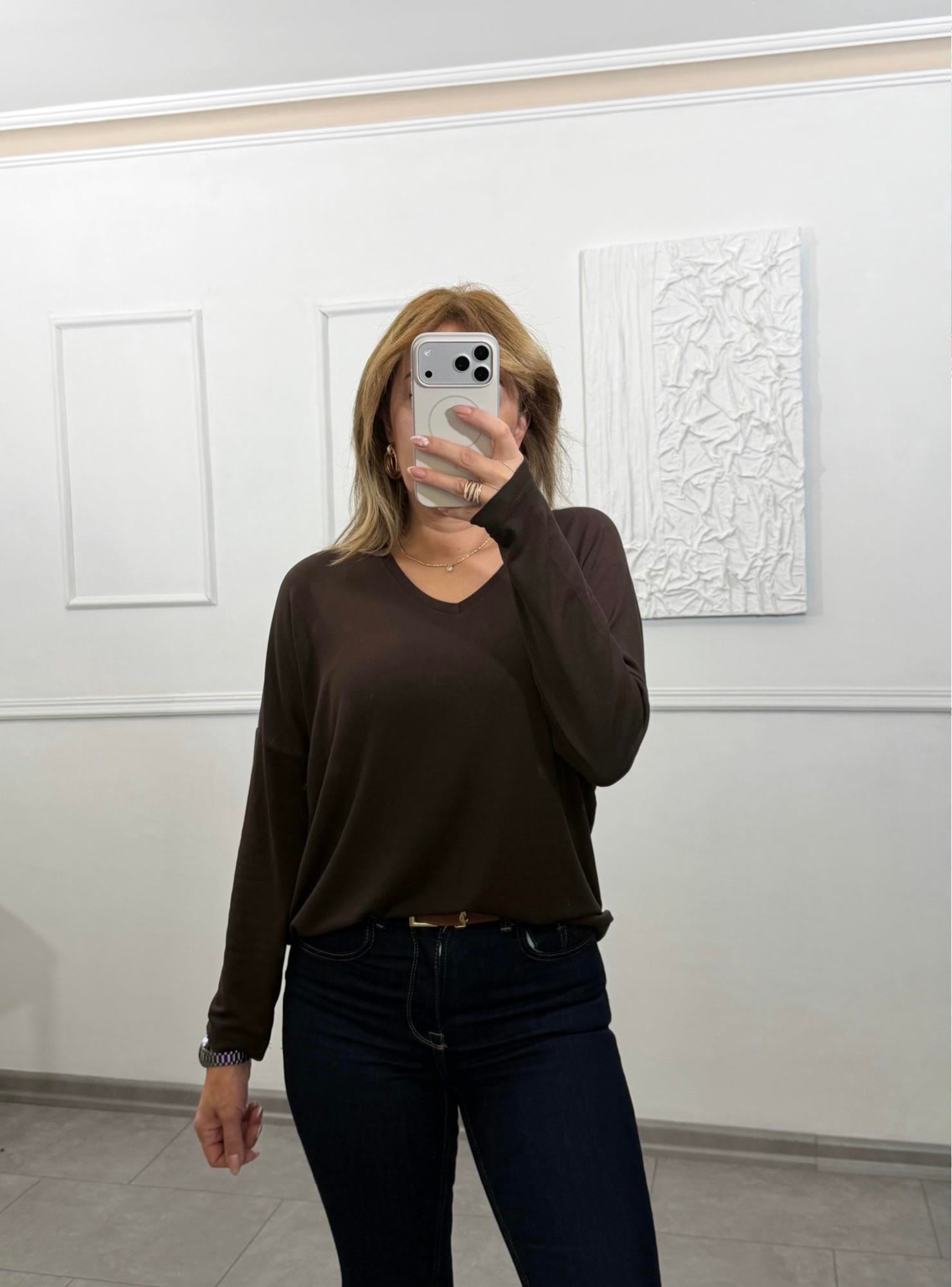 MODAYBUTİKAcı Kahve Modern Basic V Yaka Bluz
