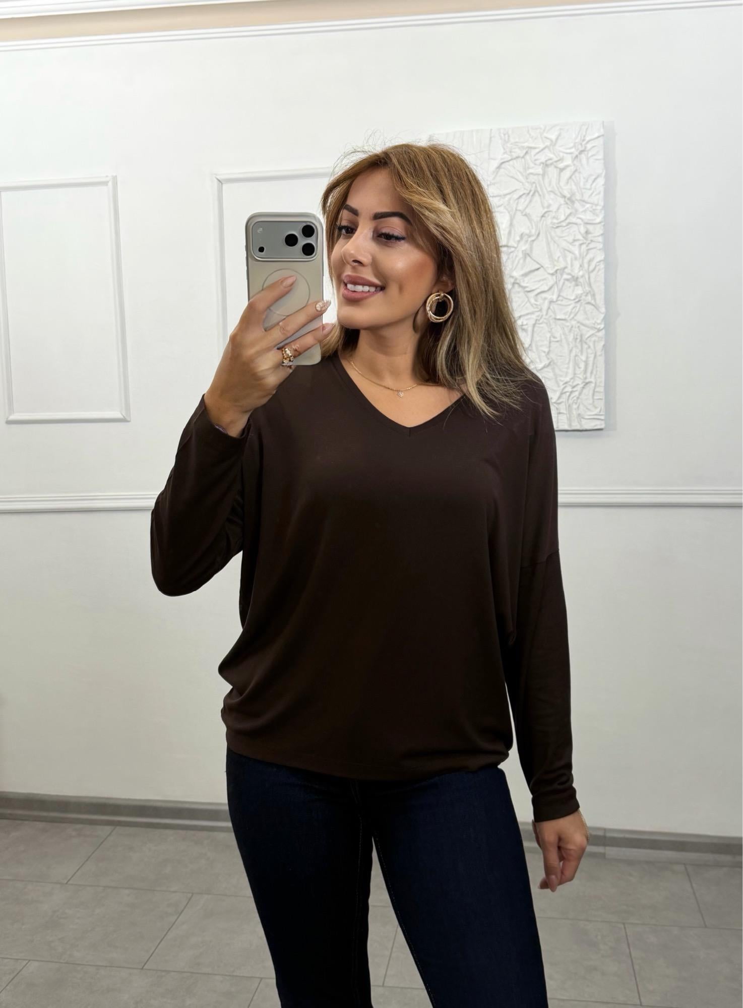 MODAYBUTİKAcı Kahve Modern Basic V Yaka Bluz