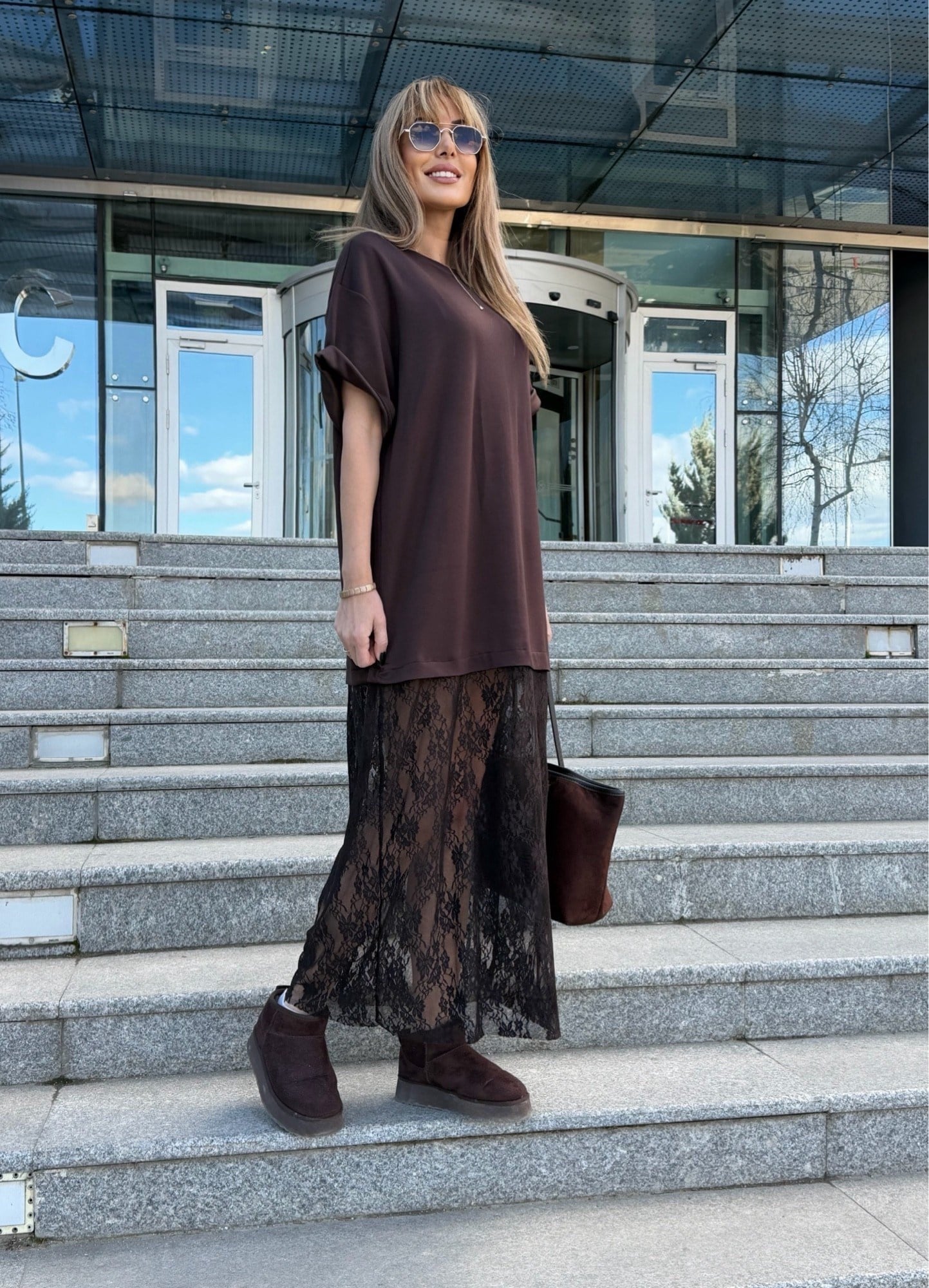 MODAYBUTİKAcı Kahve Tül Detaylı Salaş Elbise
