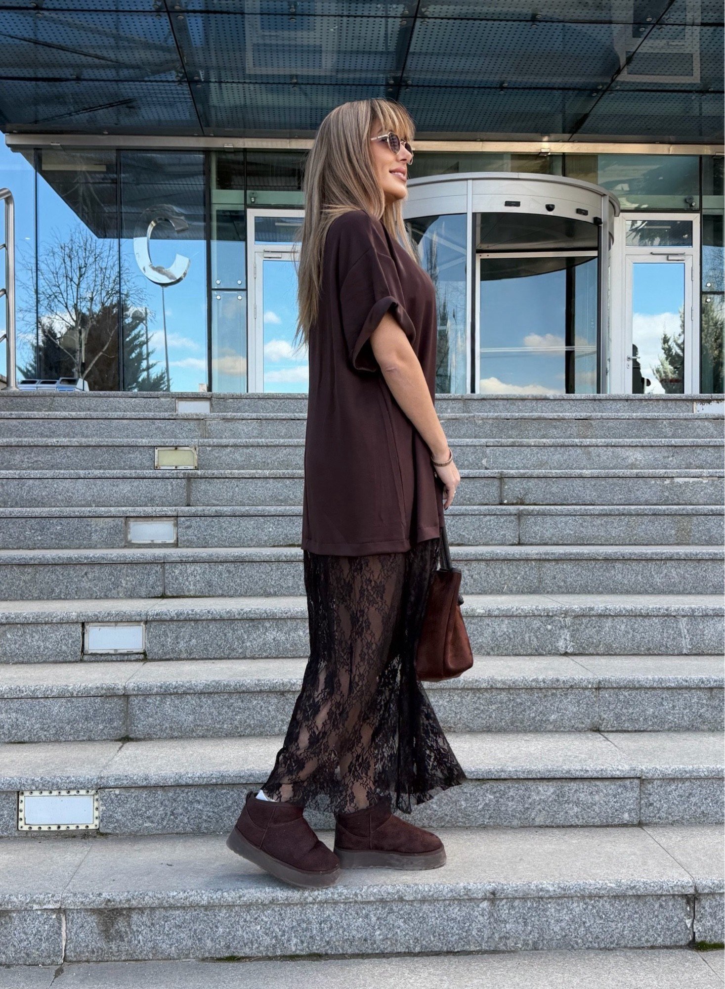 MODAYBUTİKAcı Kahve Tül Detaylı Salaş Elbise