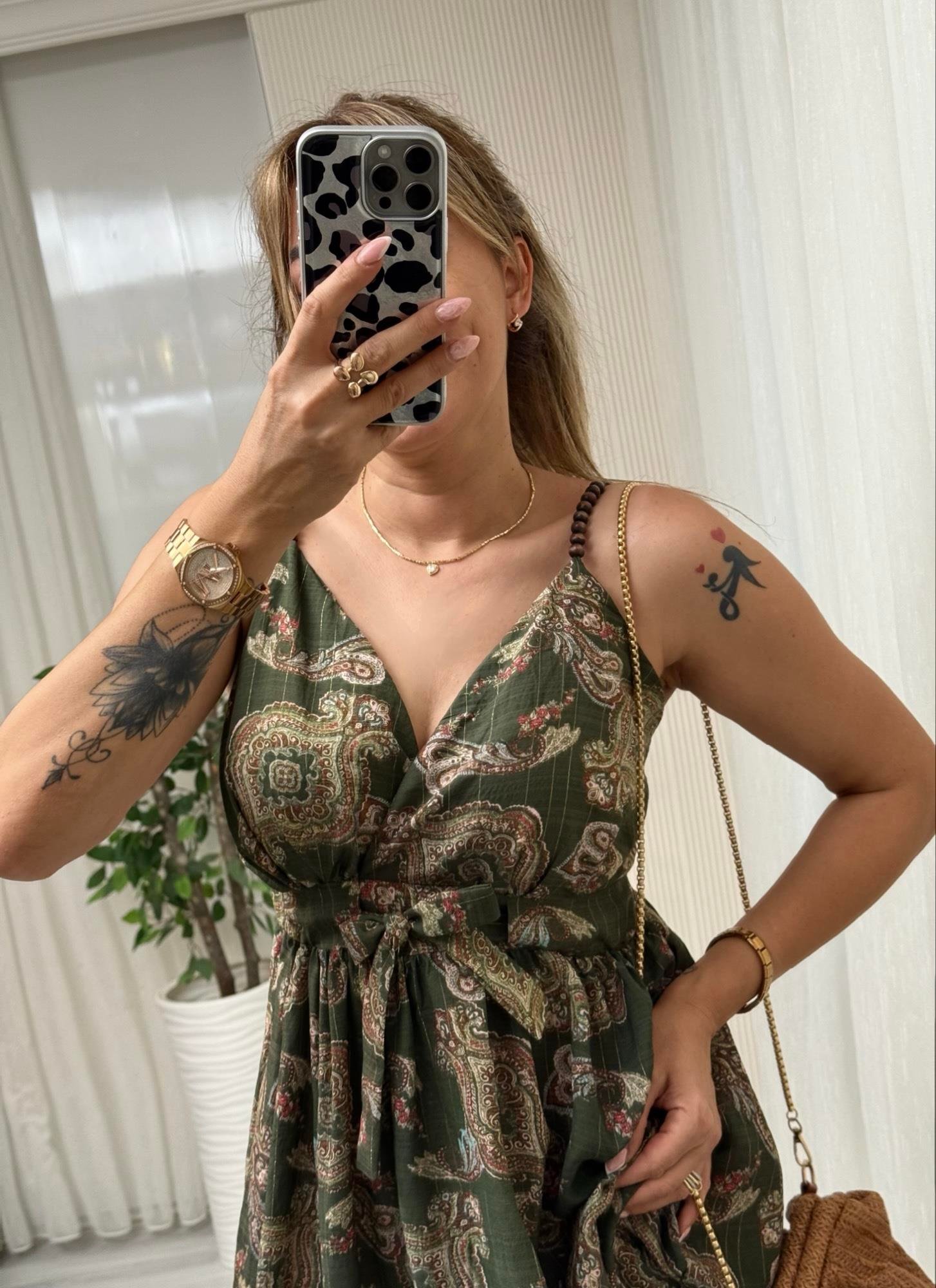 MODAYBUTİKAhşap Askılı Otantik Haki Desen Maxi Boy Elbise 