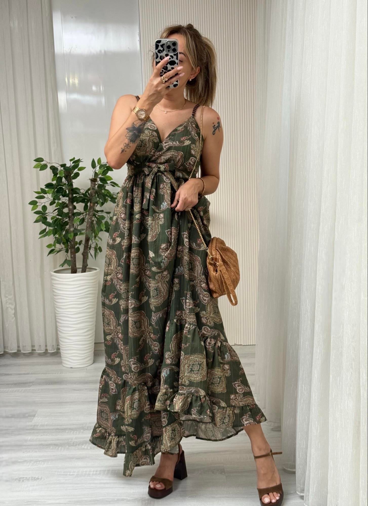 MODAYBUTİKAhşap Askılı Otantik Haki Desen Maxi Boy Elbise 