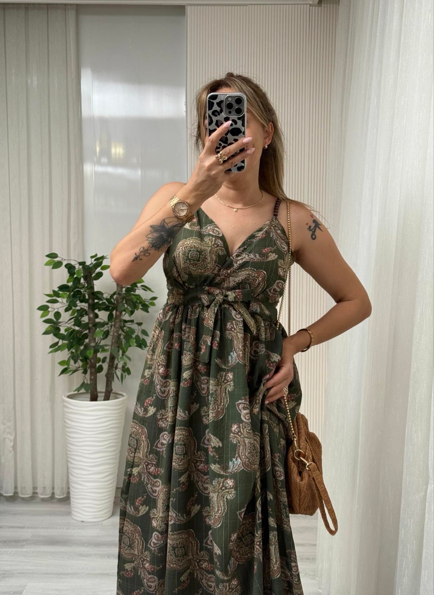 MODAYBUTİKAhşap Askılı Otantik Haki Desen Maxi Boy Elbise 