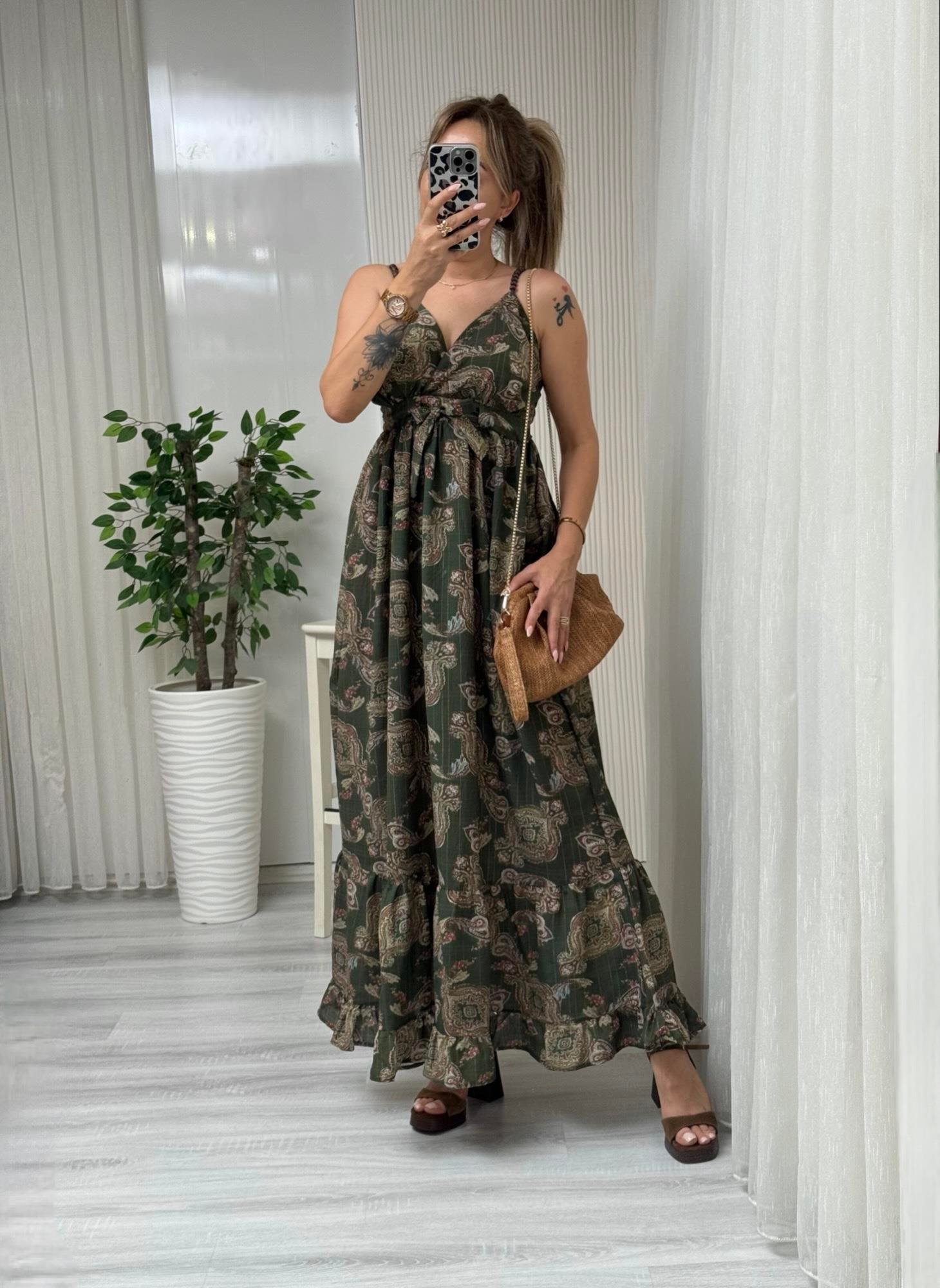MODAYBUTİKAhşap Askılı Otantik Haki Desen Maxi Boy Elbise 