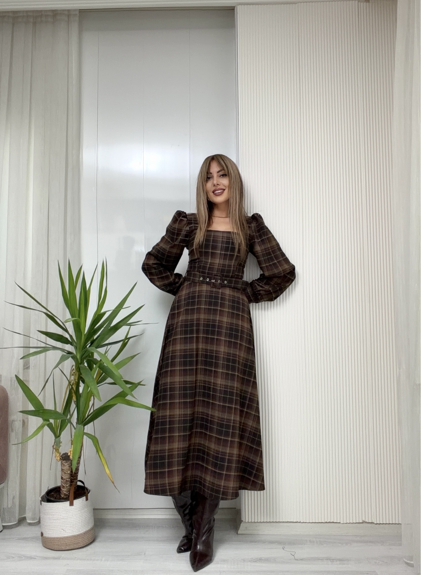 MODAYBUTİKAria Kare Desen Kemerli Midi Elbise
