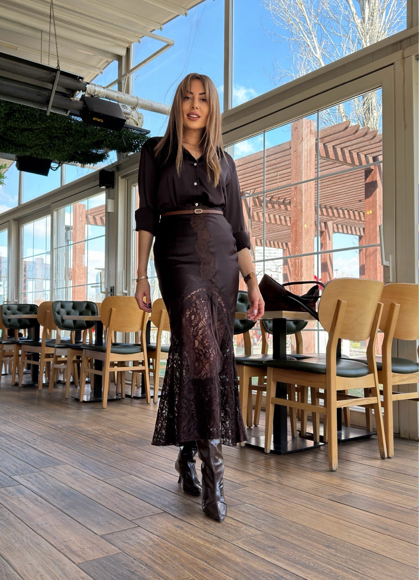 MODAYBUTİKAsimetrik Detaylı Acı Kahve Saten Midi Etek 