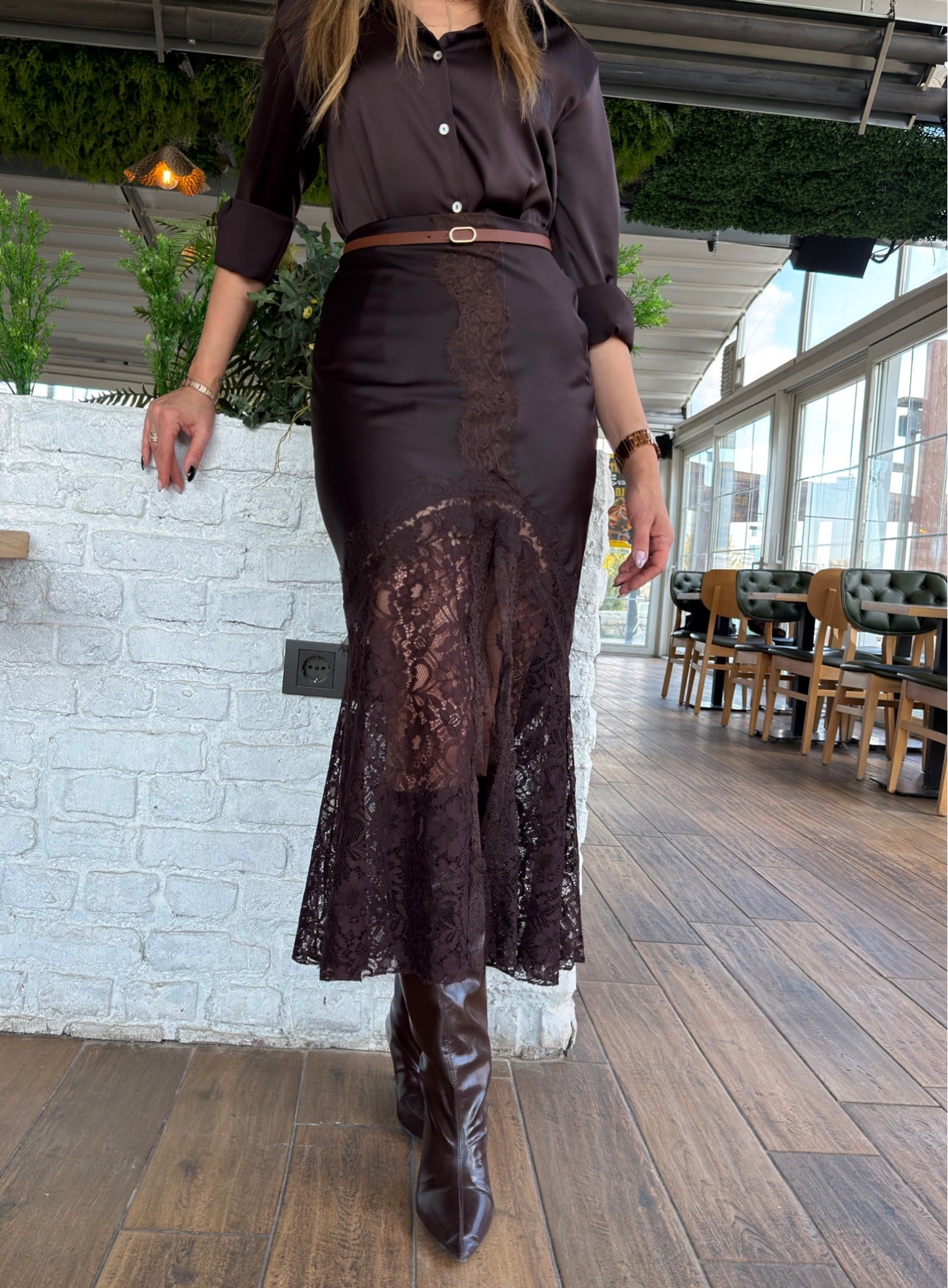 MODAYBUTİKAsimetrik Detaylı Acı Kahve Saten Midi Etek 