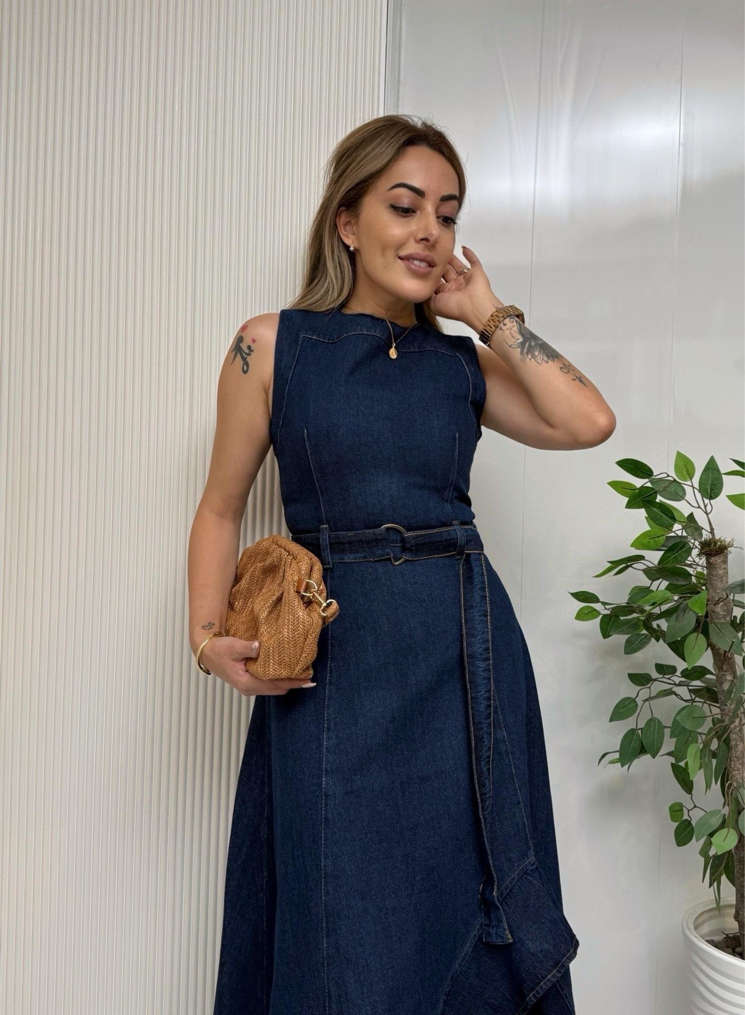 MODAYBUTİKAsimetrik Kesim Kemerli Deni Midi Elbise 
