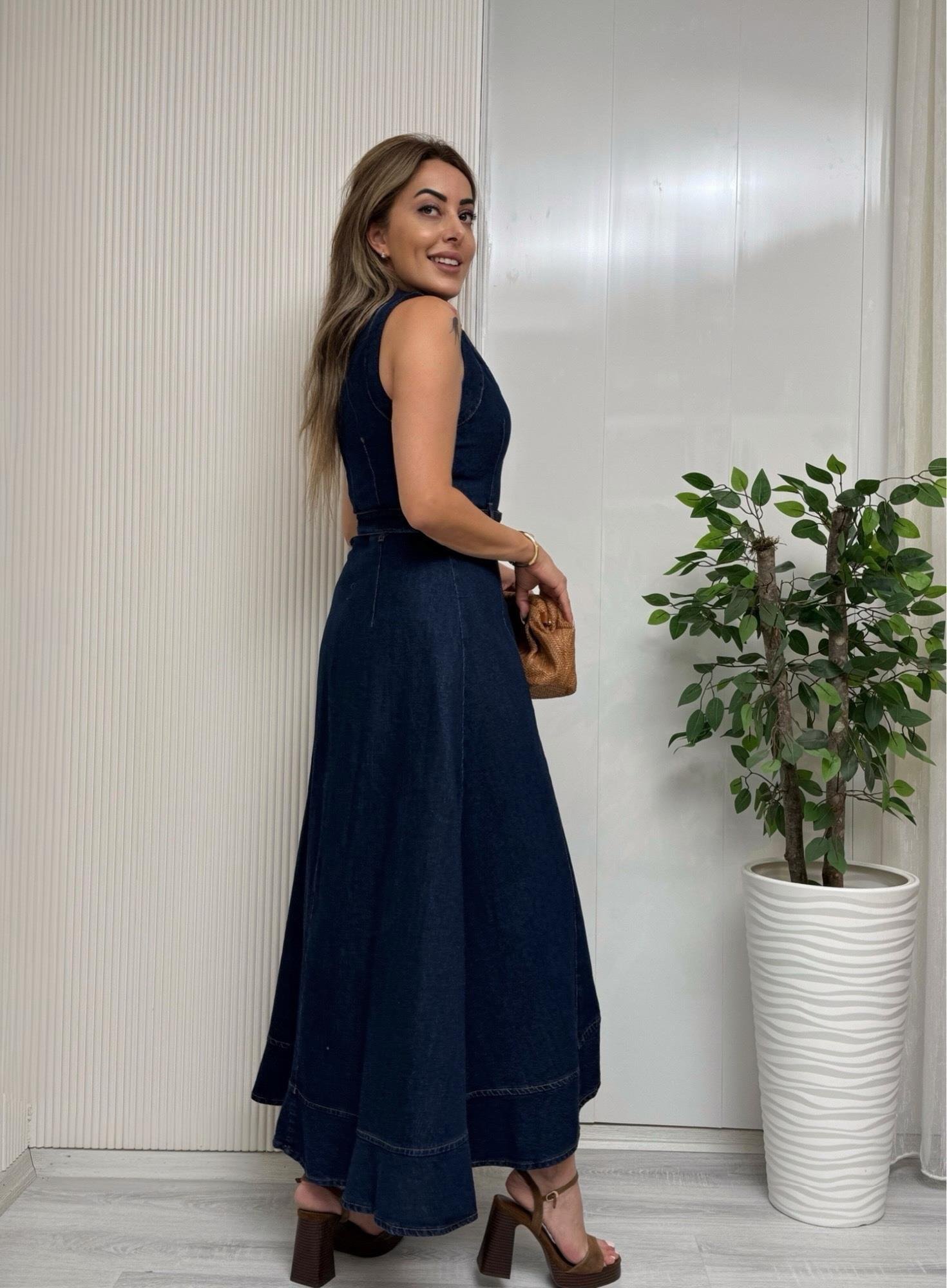 MODAYBUTİKAsimetrik Kesim Kemerli Deni Midi Elbise 