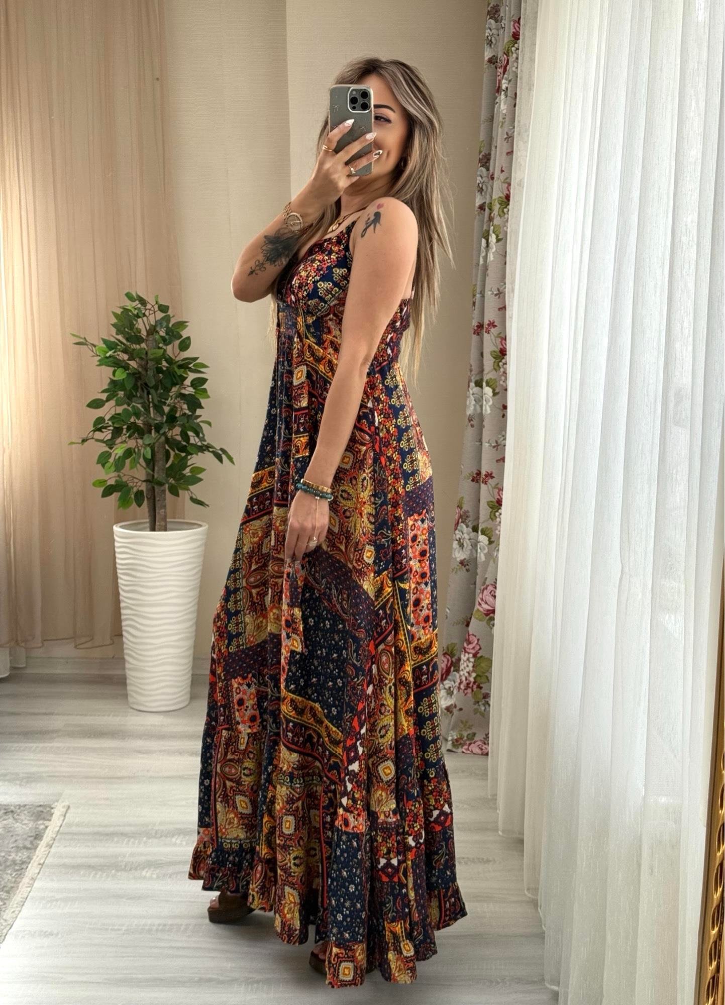 MODAYBUTİKAskı Ayarlanabilir Otantik Laci Desenli Maxi Boy Elbise
