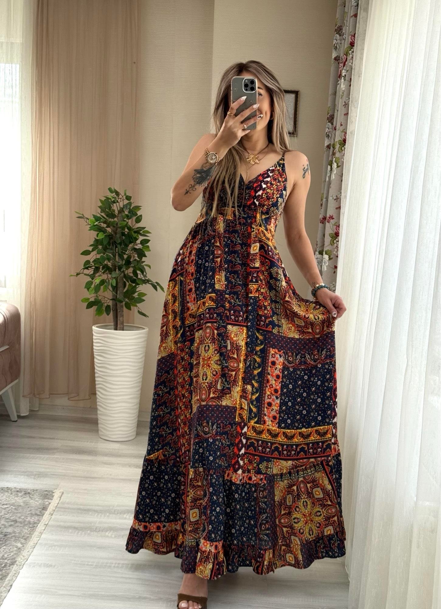 MODAYBUTİKAskı Ayarlanabilir Otantik Laci Desenli Maxi Boy Elbise