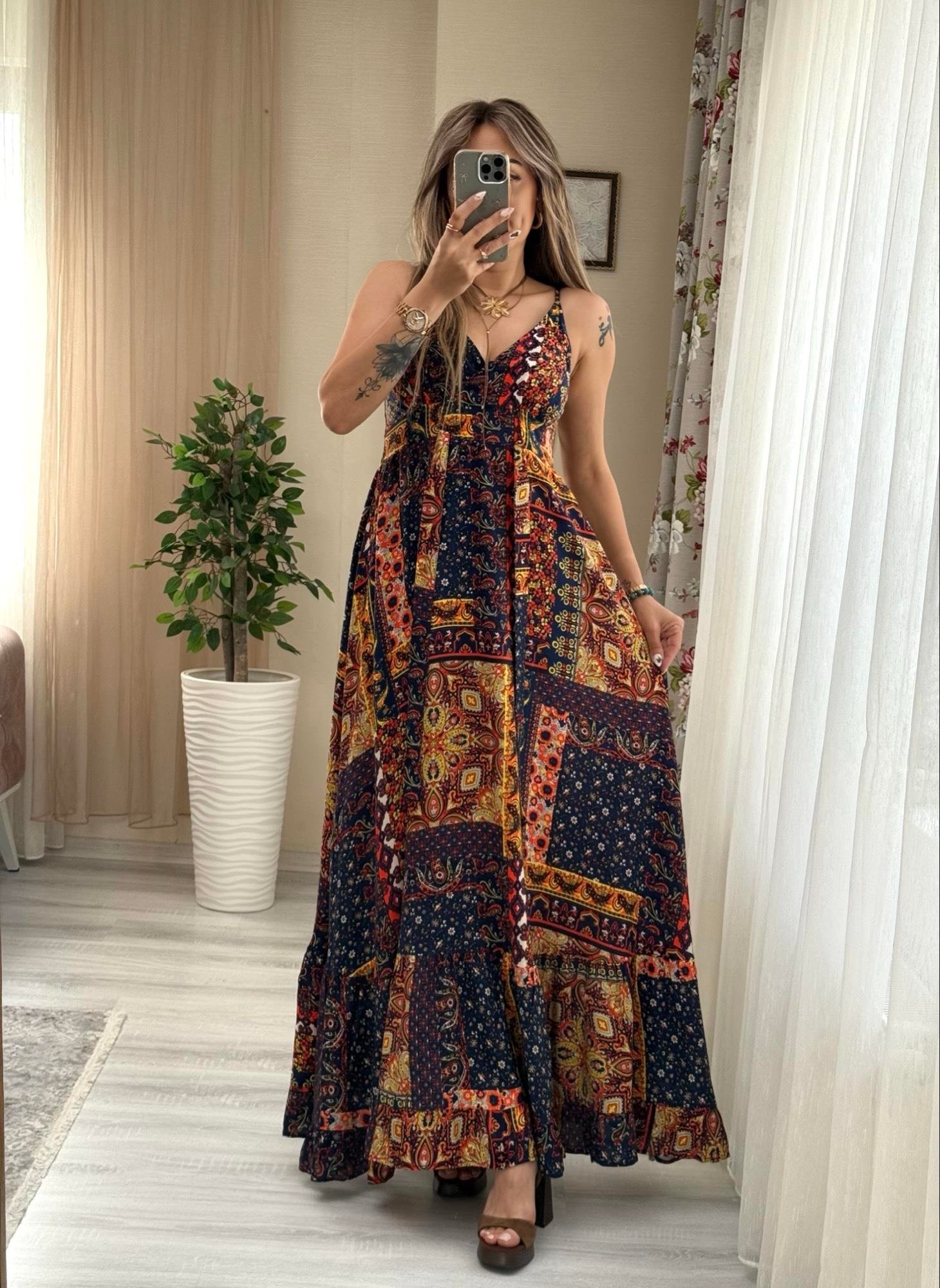 MODAYBUTİKAskı Ayarlanabilir Otantik Laci Desenli Maxi Boy Elbise