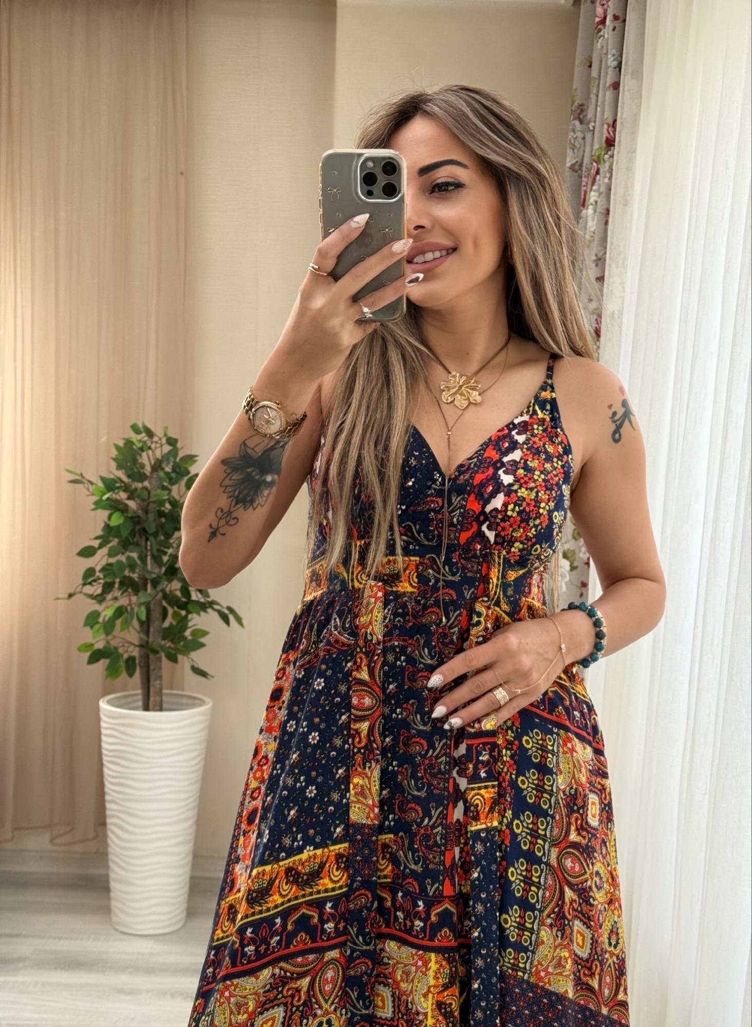 MODAYBUTİKAskı Ayarlanabilir Otantik Laci Desenli Maxi Boy Elbise