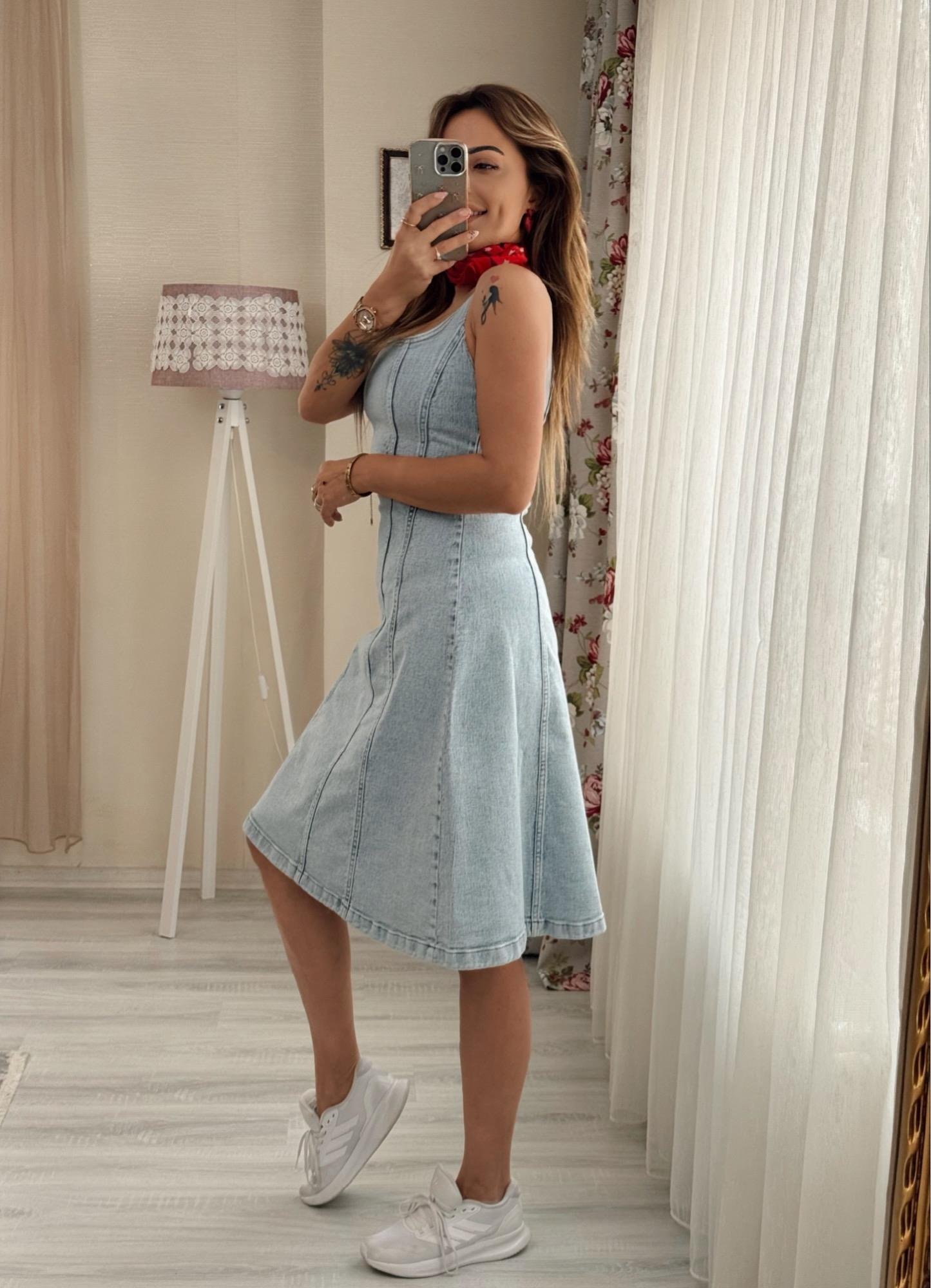 MODAYBUTİKAskılı Buz Mavisi Kiloş Denim Elbise 