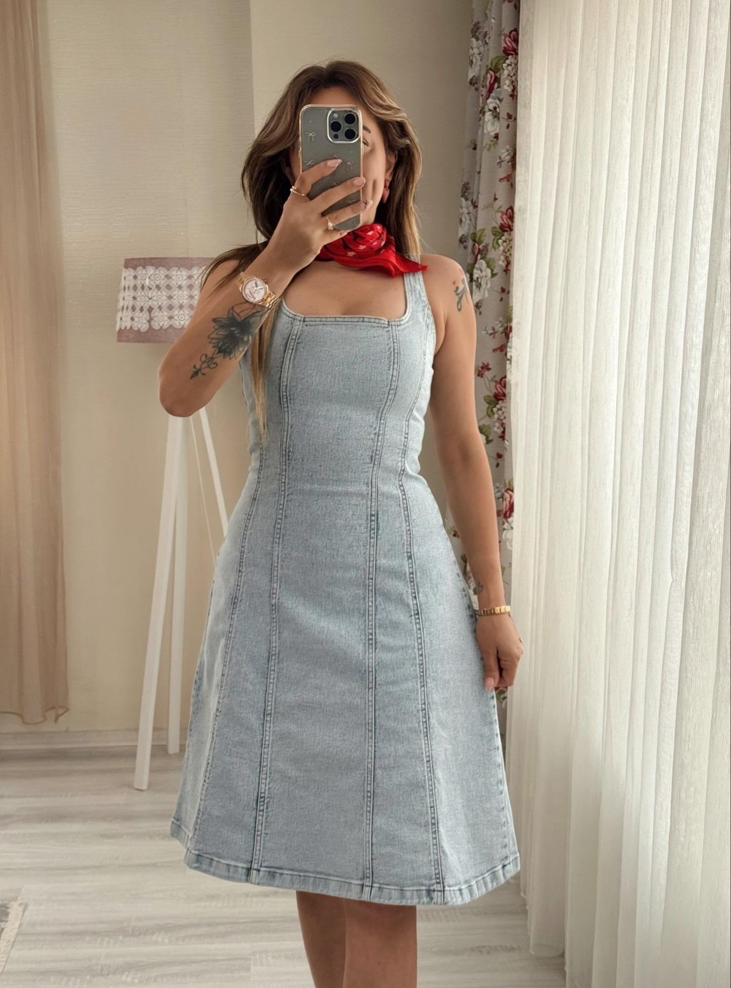 MODAYBUTİKAskılı Buz Mavisi Kiloş Denim Elbise 