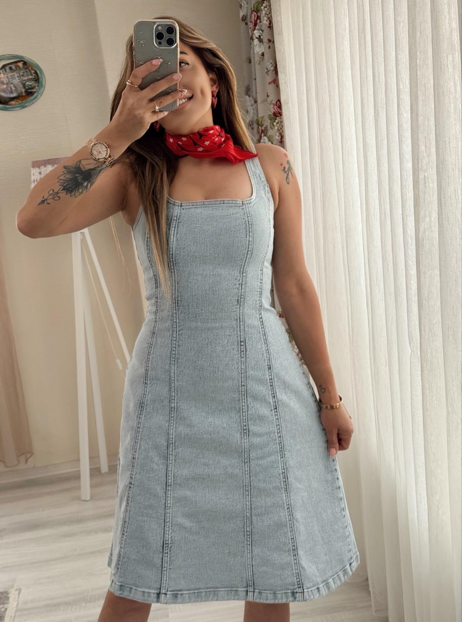 MODAYBUTİKAskılı Buz Mavisi Kiloş Denim Elbise 