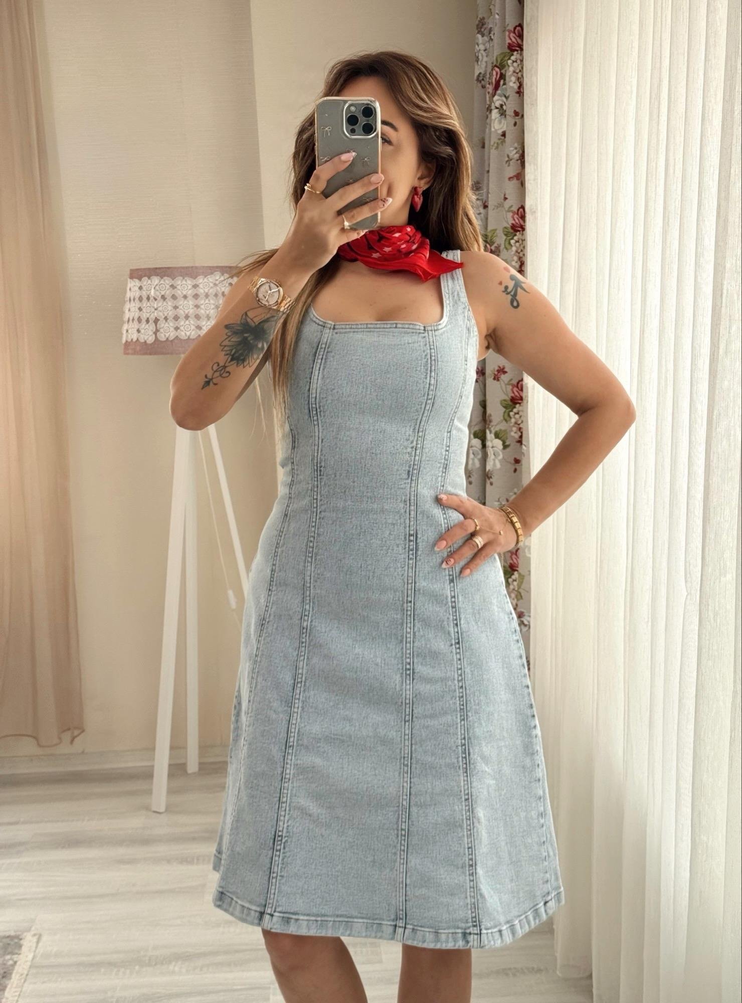MODAYBUTİKAskılı Buz Mavisi Kiloş Denim Elbise 
