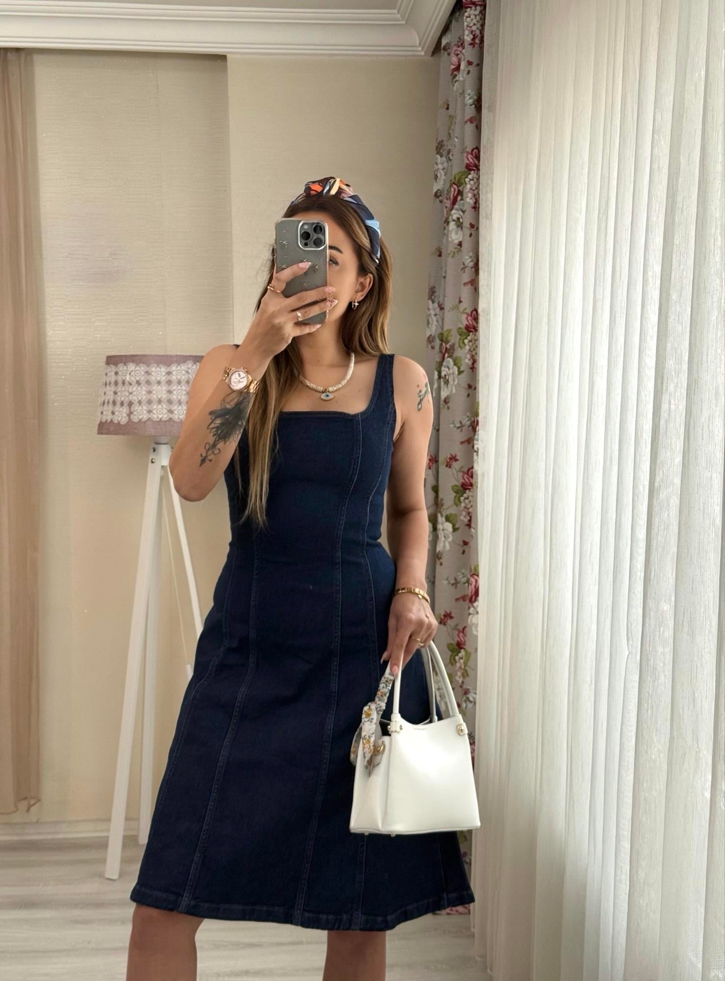 MODAYBUTİKAskılı Laci Kiloş Denim Elbise