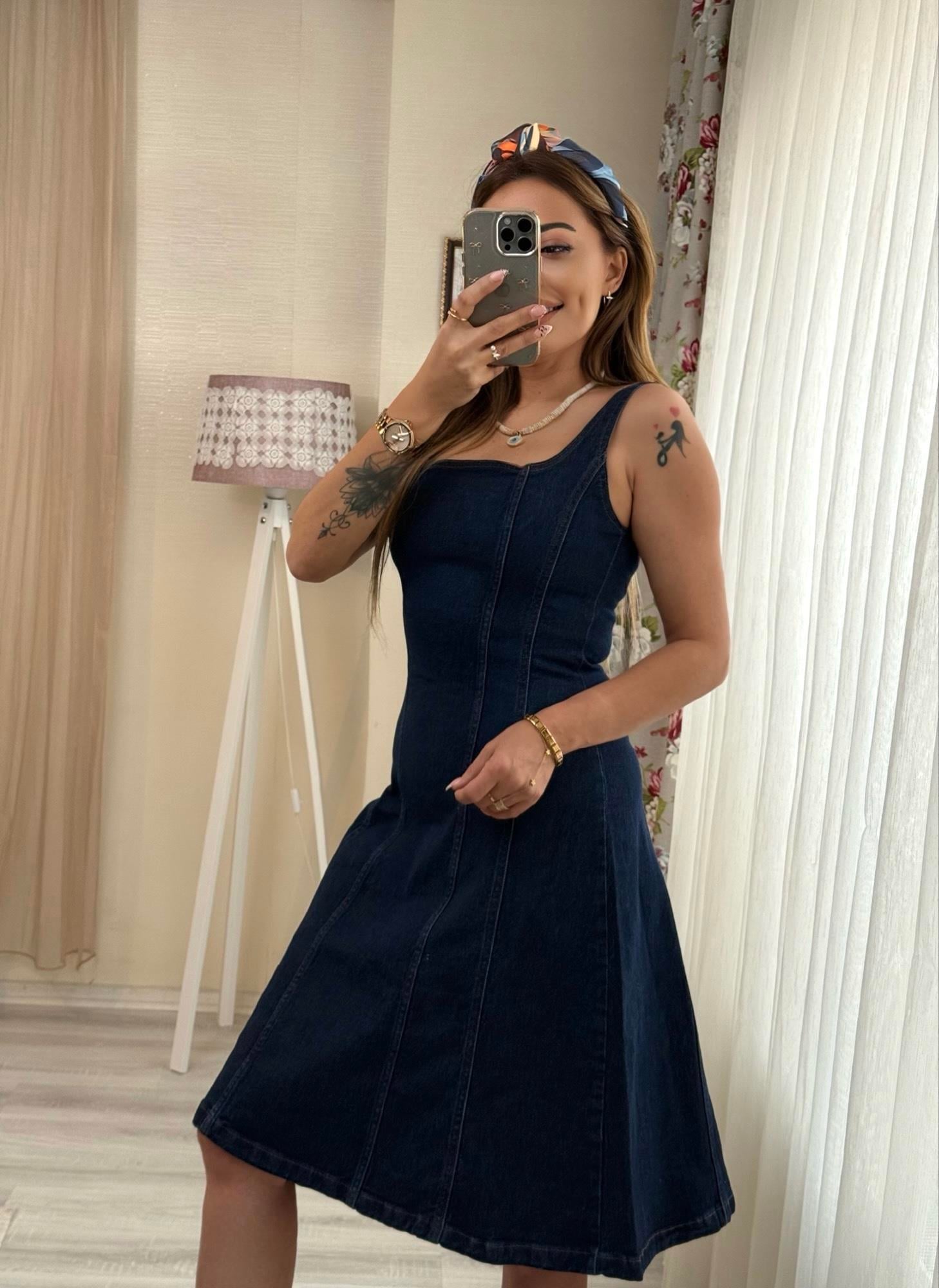 MODAYBUTİKAskılı Laci Kiloş Denim Elbise