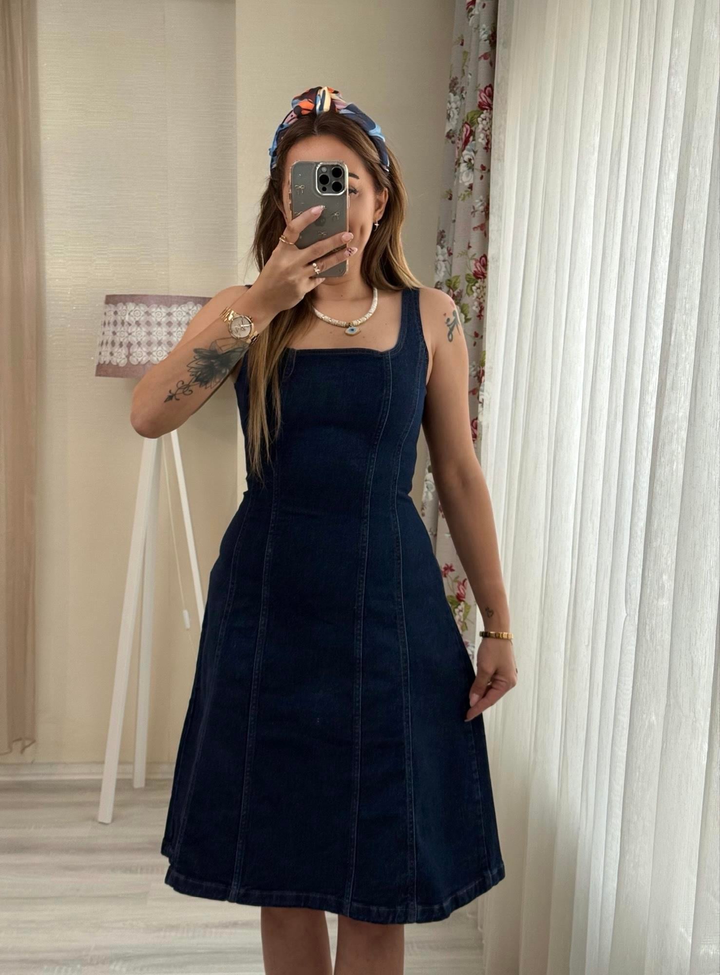 MODAYBUTİKAskılı Laci Kiloş Denim Elbise