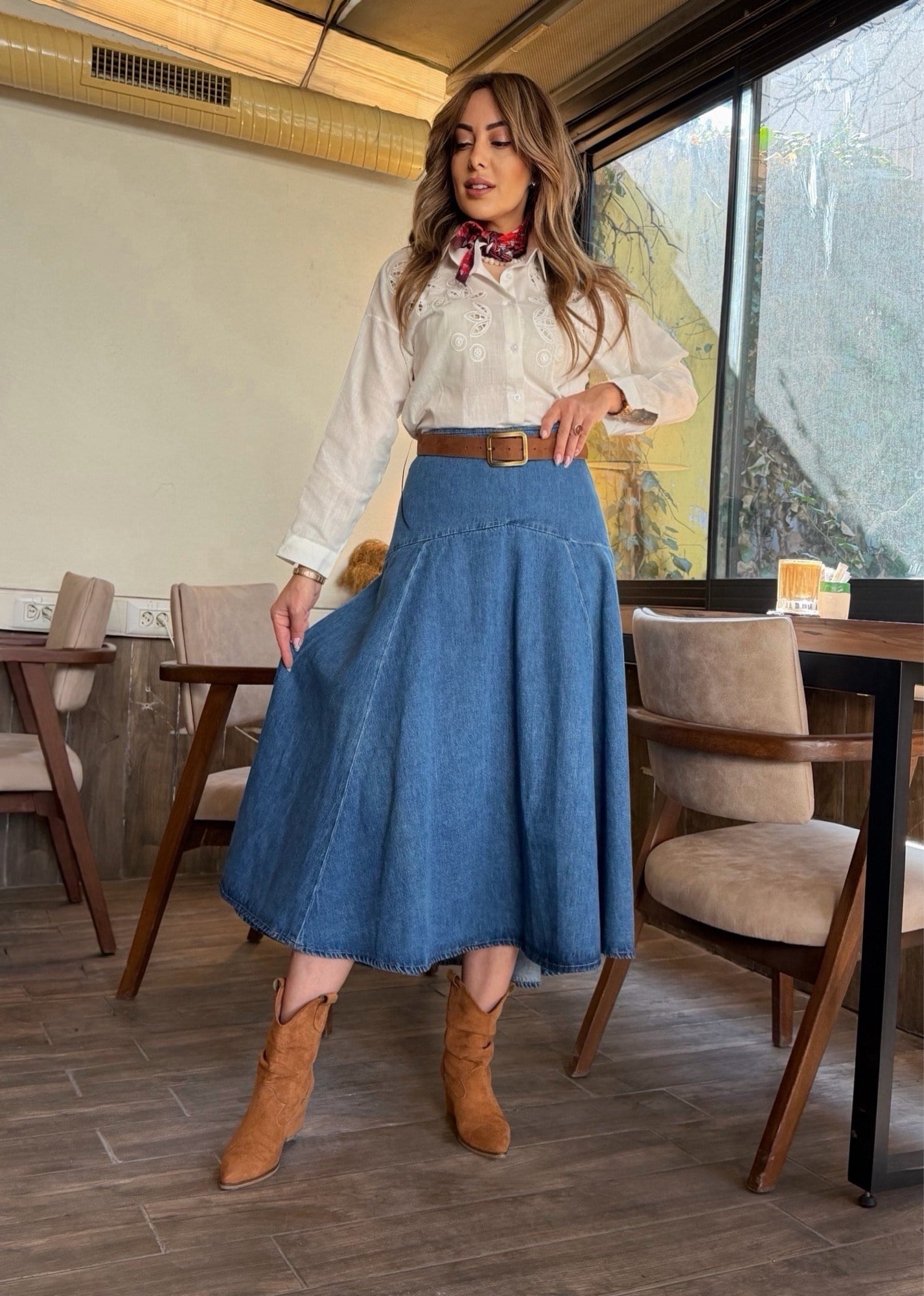 MODAYBUTİKAura Luxe Yüksel Bel Midi Denim Etek 