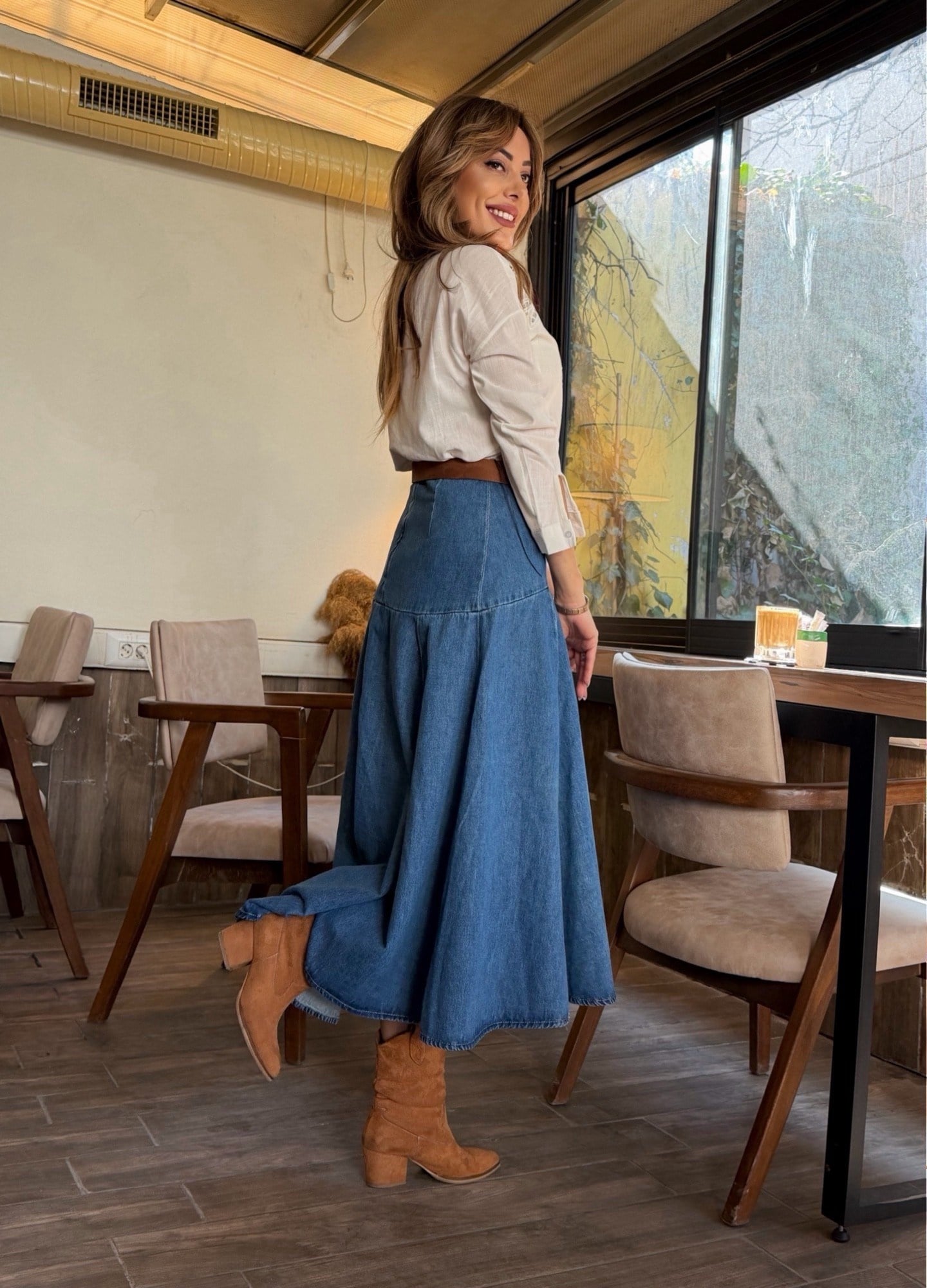 MODAYBUTİKAura Luxe Yüksel Bel Midi Denim Etek 