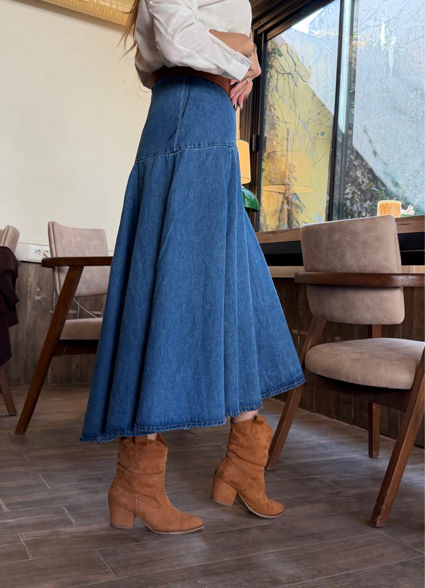 MODAYBUTİKAura Luxe Yüksel Bel Midi Denim Etek 