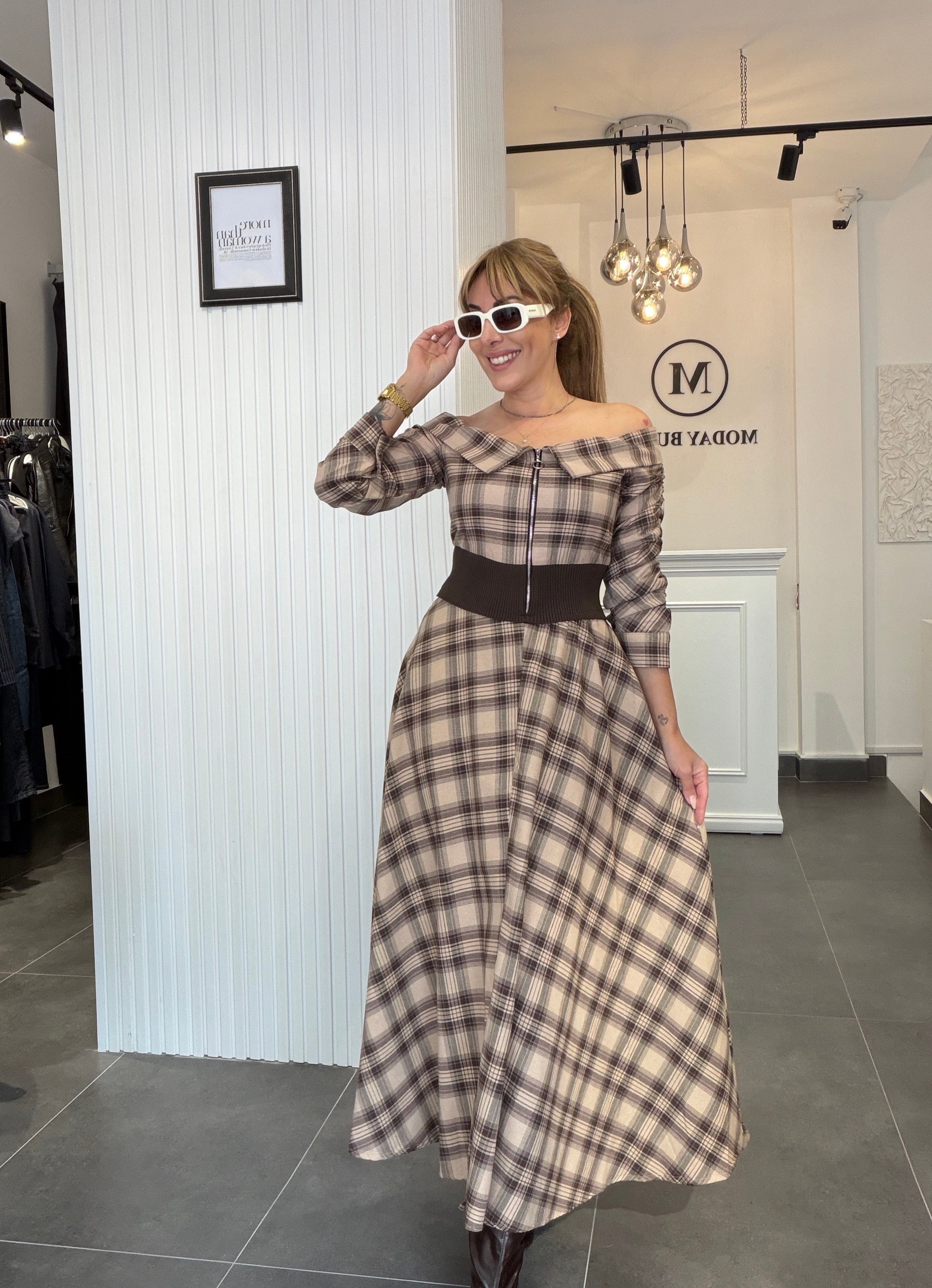 MODAYBUTİKBej Ekose Dokuma Kumaş Pamuklu Maxi Elbise
