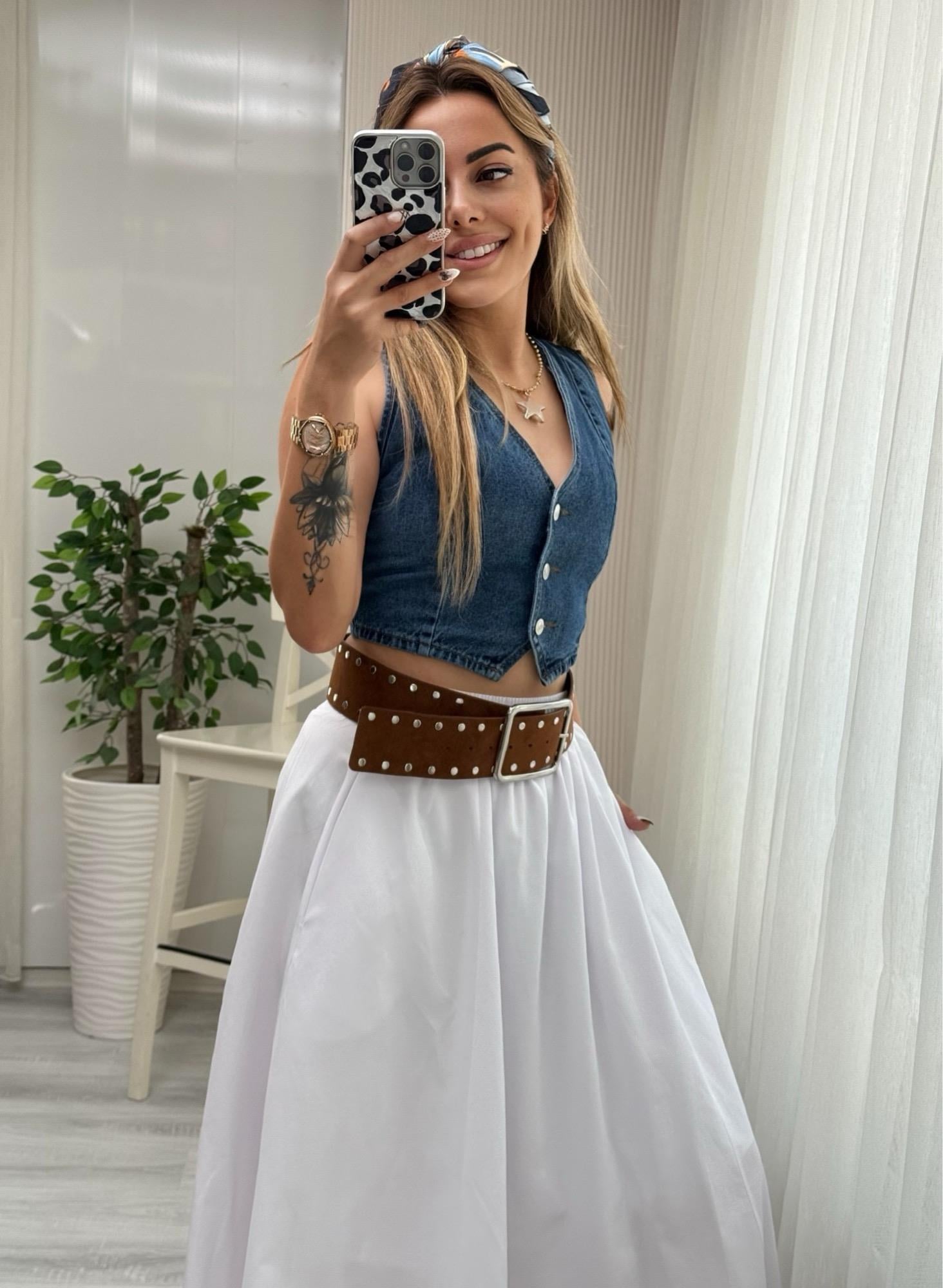 MODAYBUTİKBeli Lastikli Poplin Pinterest Kiloş Beyaz Etek 