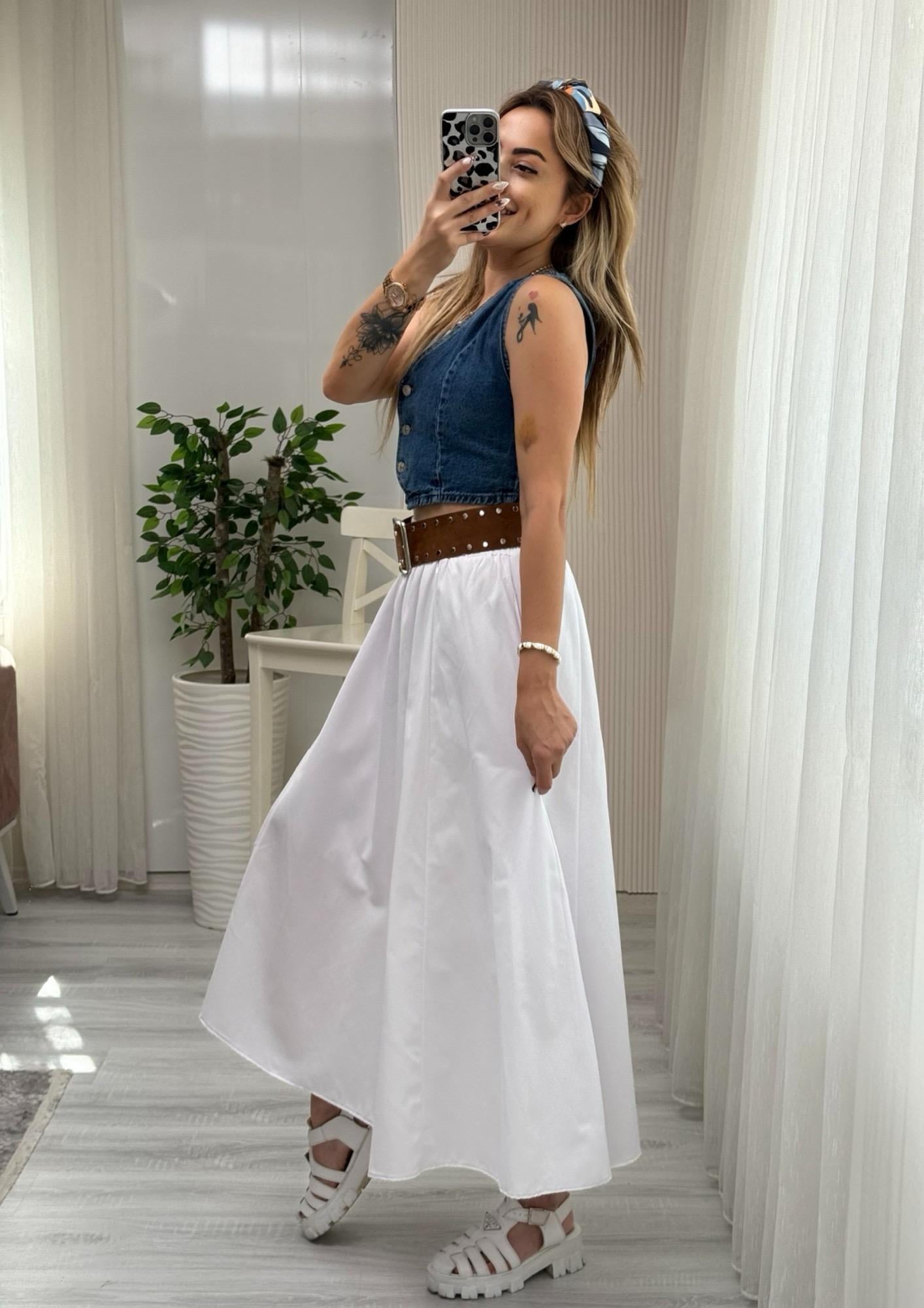 MODAYBUTİKBeli Lastikli Poplin Pinterest Kiloş Beyaz Etek 