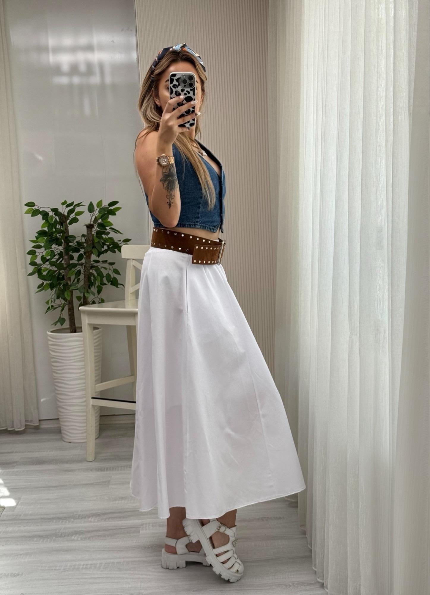 MODAYBUTİKBeli Lastikli Poplin Pinterest Kiloş Beyaz Etek 