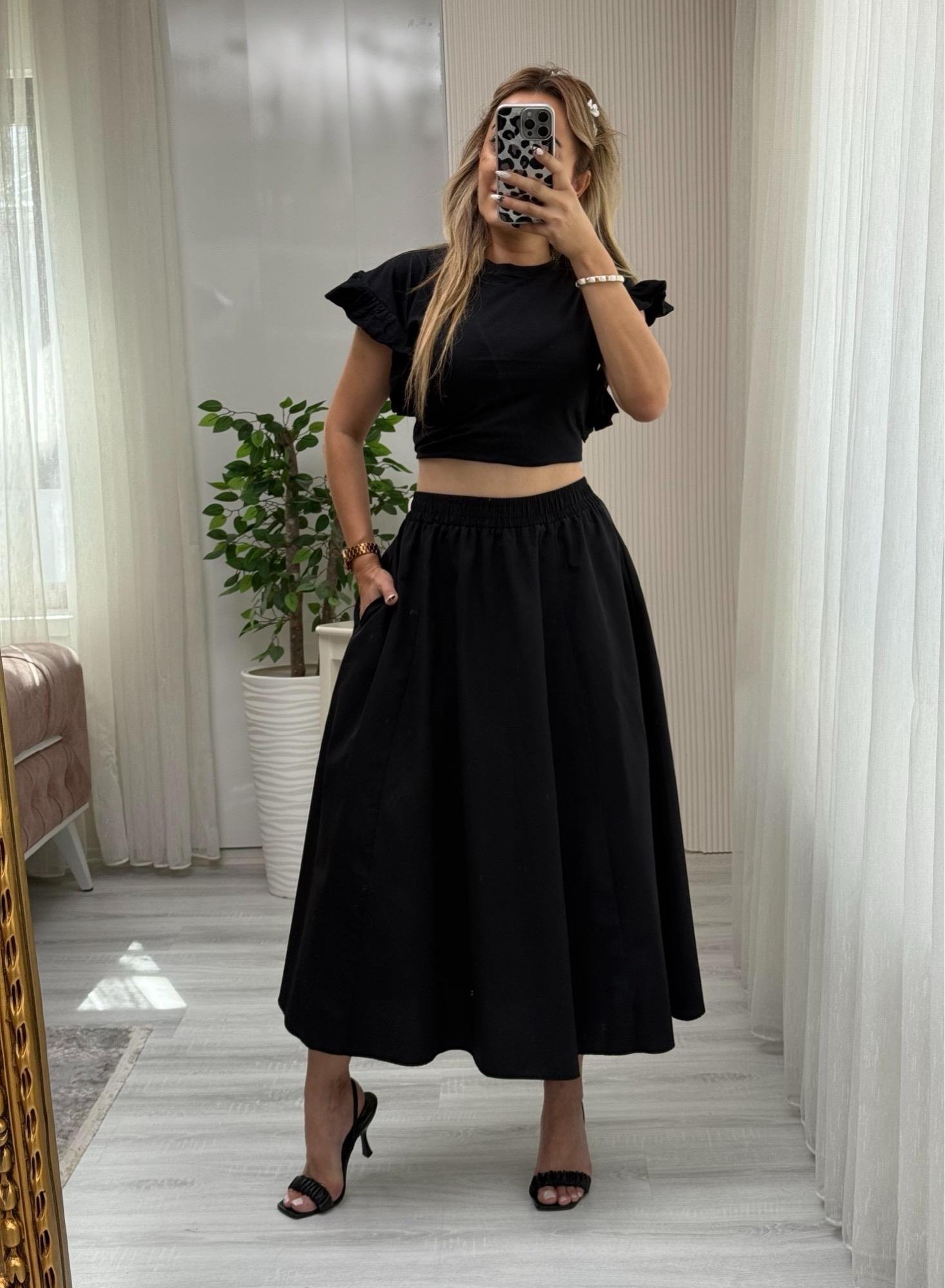 MODAYBUTİKBeli Lastikli Poplin Pinterest Siyah Kiloş Etek