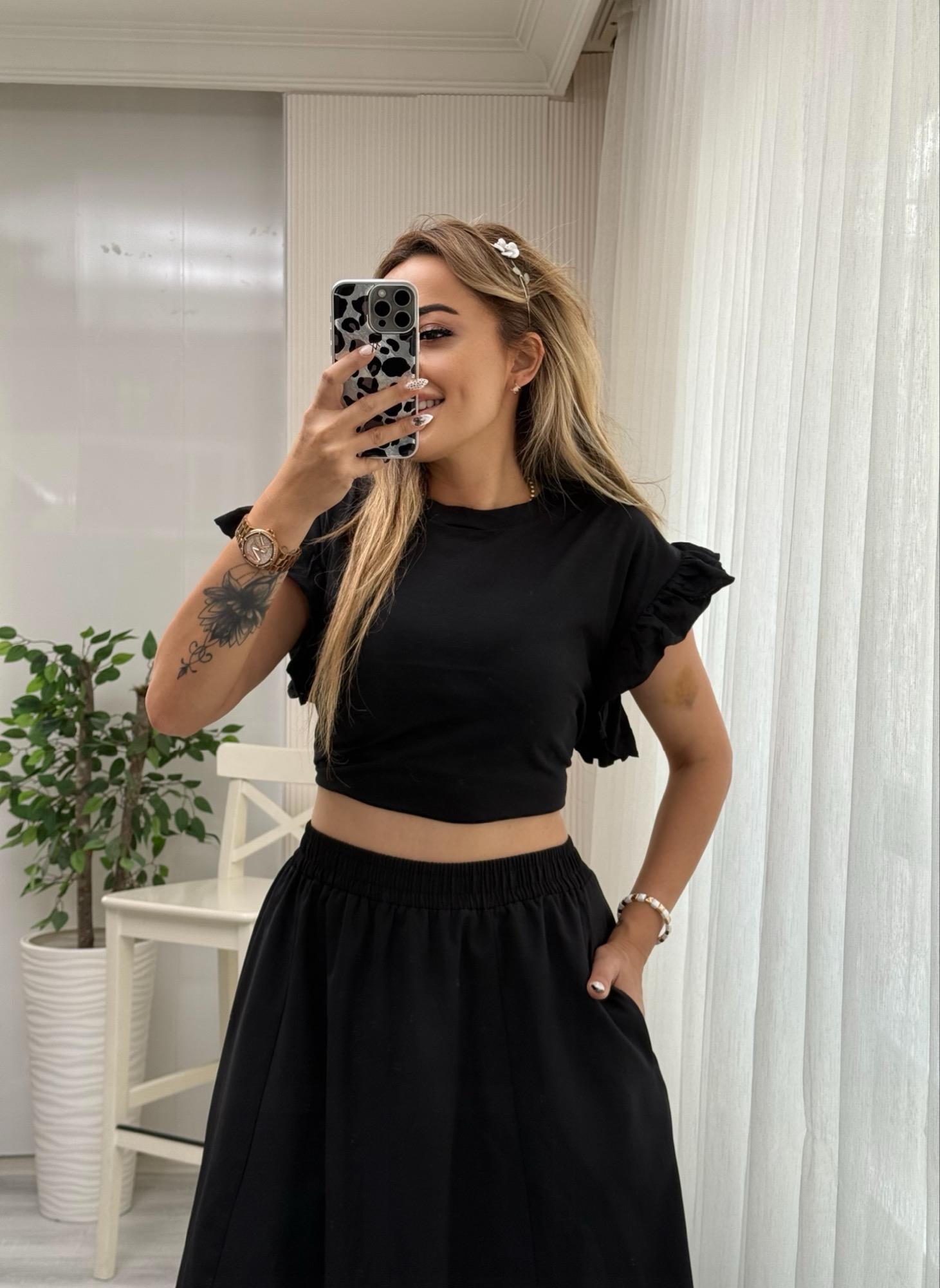 MODAYBUTİKBeli Lastikli Poplin Pinterest Siyah Kiloş Etek