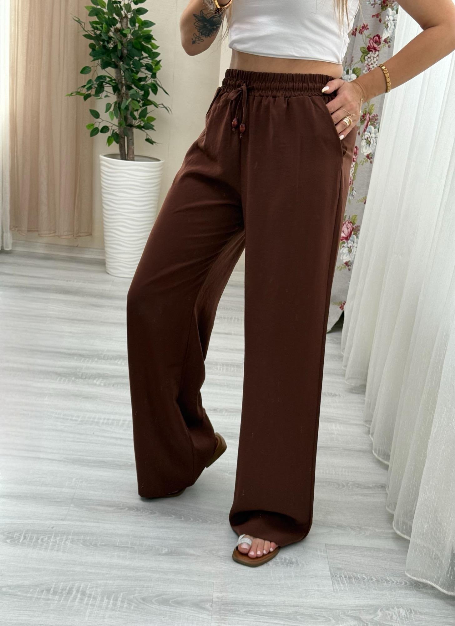 MODAYBUTİKBeli Lastikli Tencel Kumaş Acı Kahve Bol Paça Pantolon