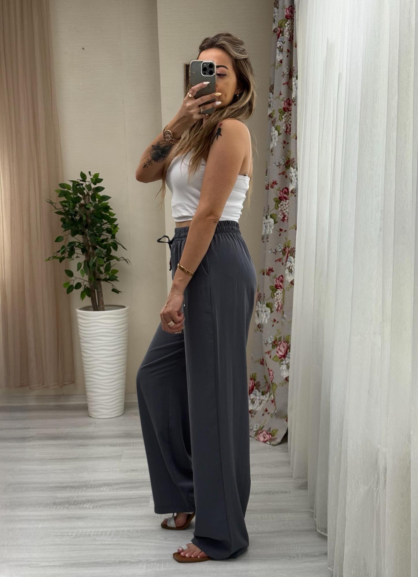 MODAYBUTİKBeli Lastikli Tencel Kumaş Antrasit Bol Paça Pantolon
