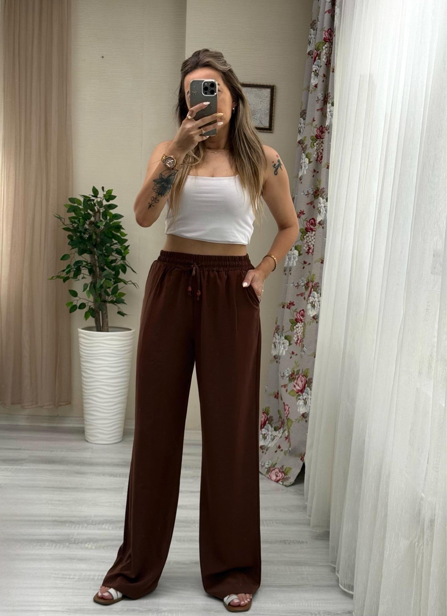 MODAYBUTİKBeli Lastikli Tencel Kumaş Acı Kahve Bol Paça Pantolon