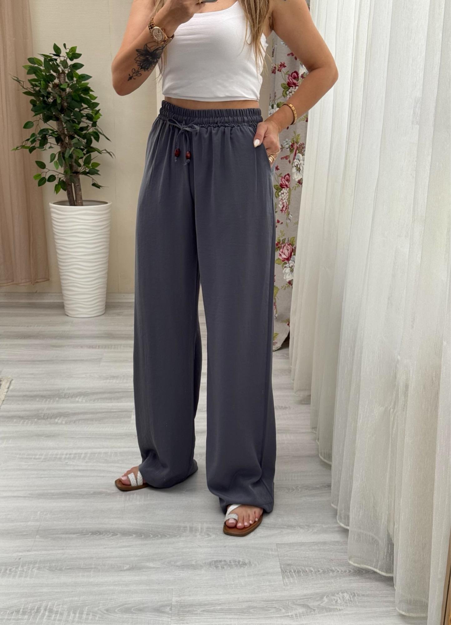 MODAYBUTİKBeli Lastikli Tencel Kumaş Antrasit Bol Paça Pantolon