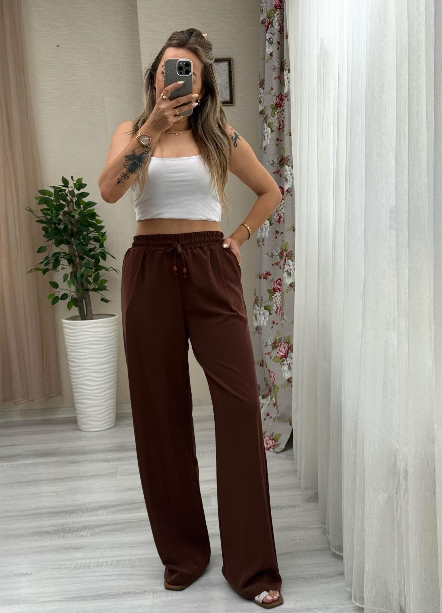 MODAYBUTİKBeli Lastikli Tencel Kumaş Acı Kahve Bol Paça Pantolon