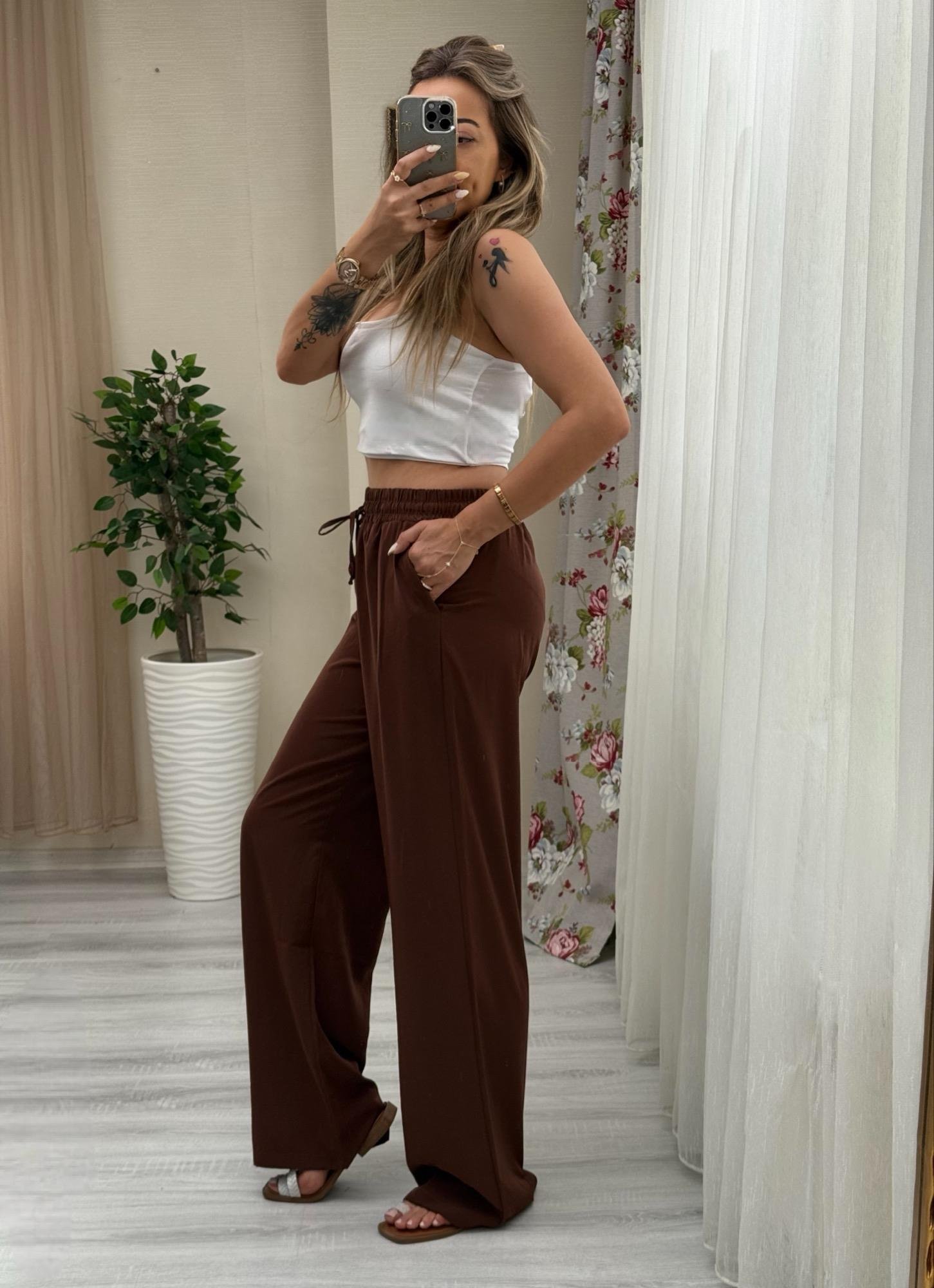 MODAYBUTİKBeli Lastikli Tencel Kumaş Acı Kahve Bol Paça Pantolon