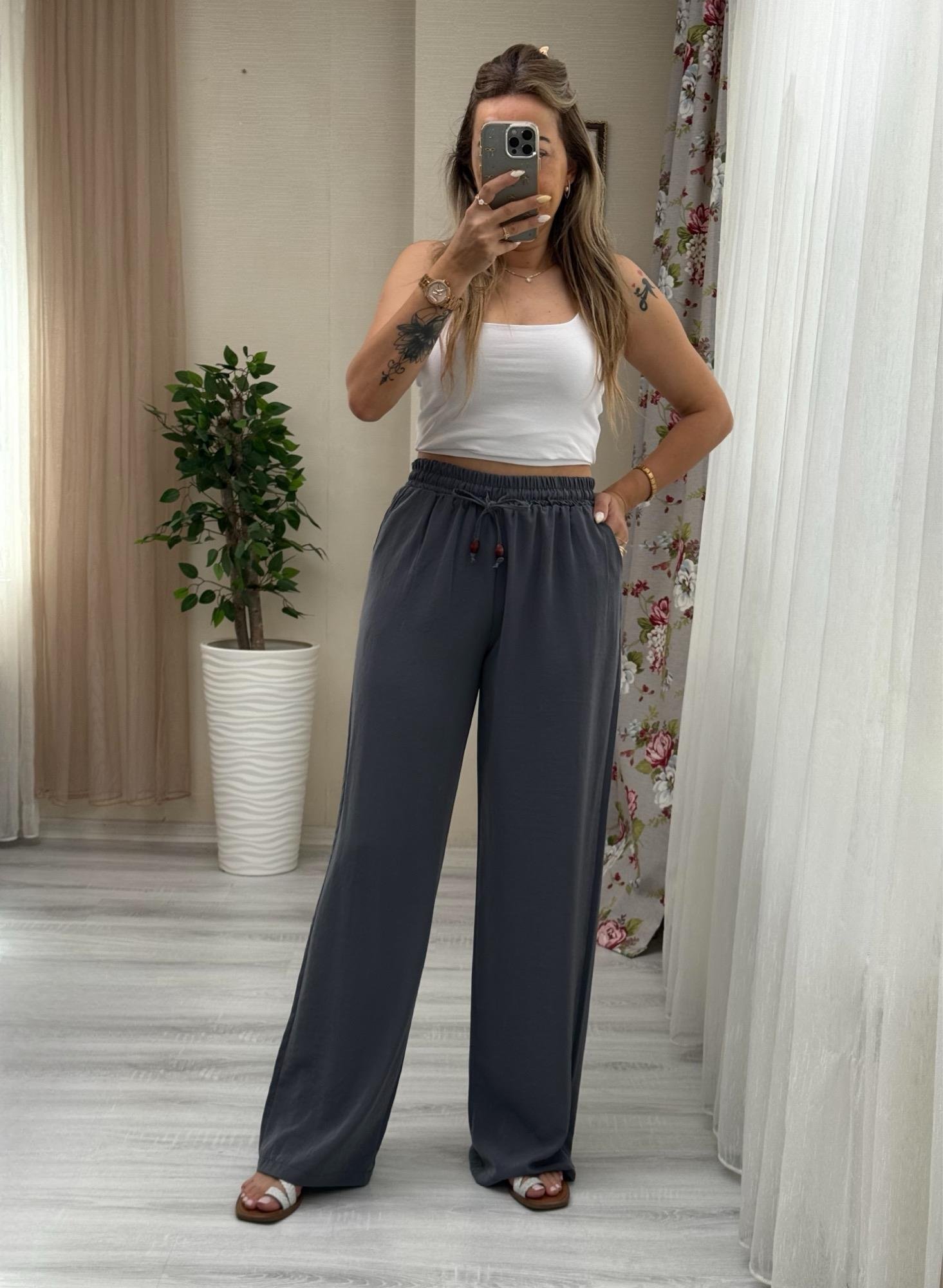 MODAYBUTİKBeli Lastikli Tencel Kumaş Antrasit Bol Paça Pantolon