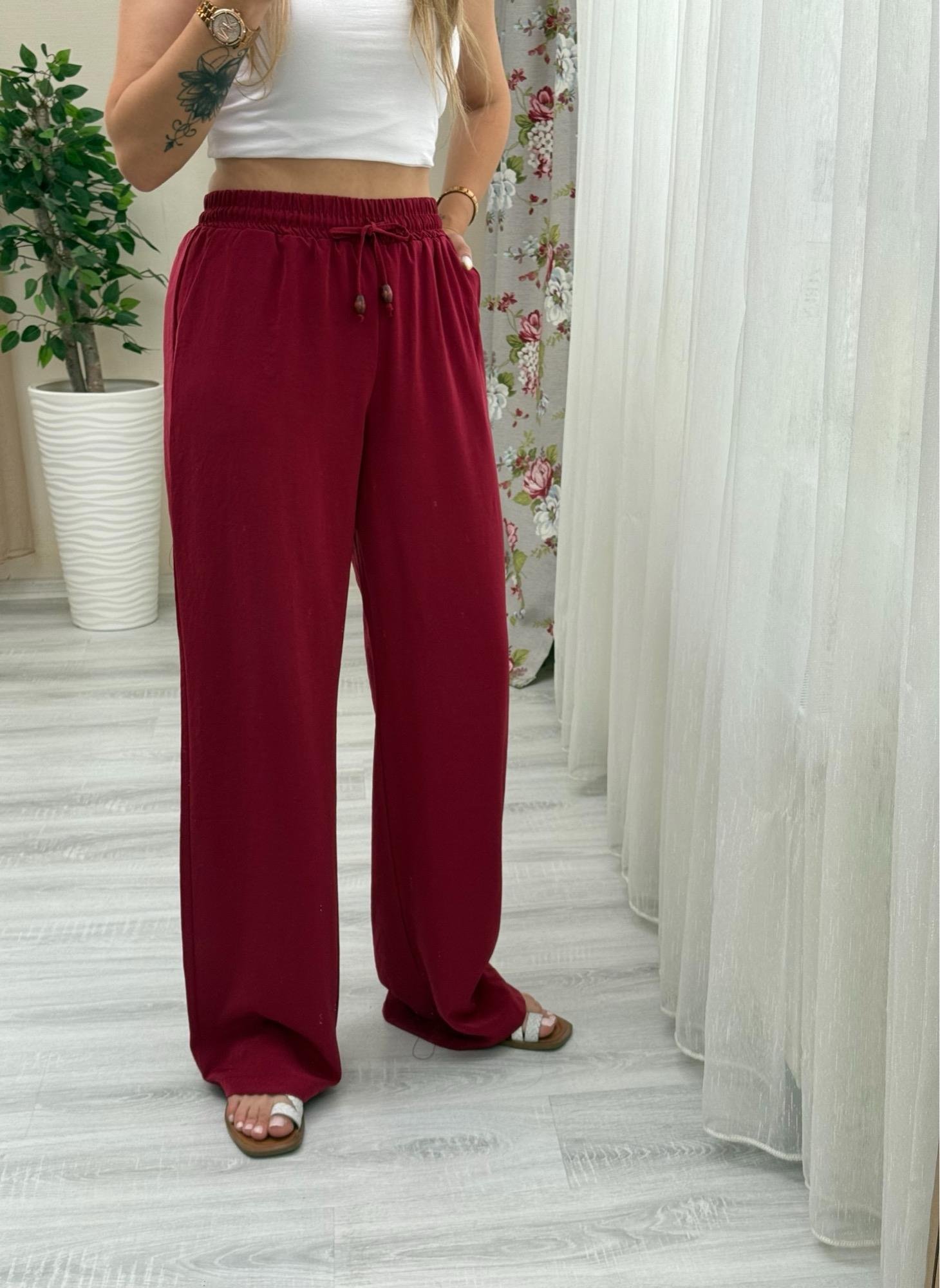 MODAYBUTİKBeli Lastikli Tencel Kumaş Bordo Bol Paça Pantolon