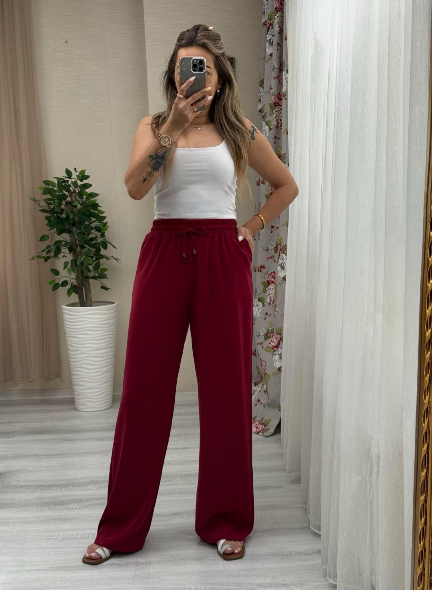 MODAYBUTİKBeli Lastikli Tencel Kumaş Bordo Bol Paça Pantolon