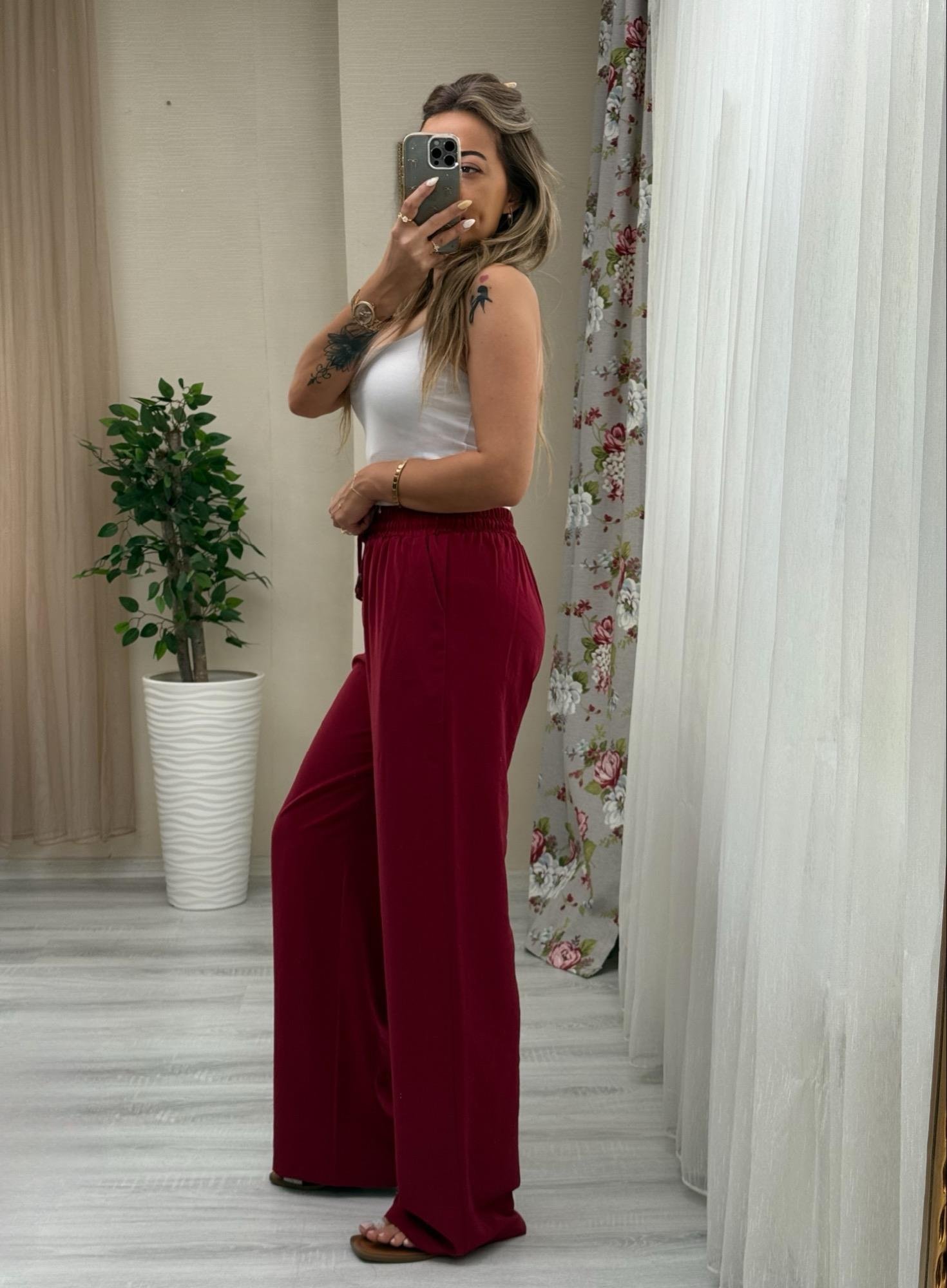 MODAYBUTİKBeli Lastikli Tencel Kumaş Bordo Bol Paça Pantolon