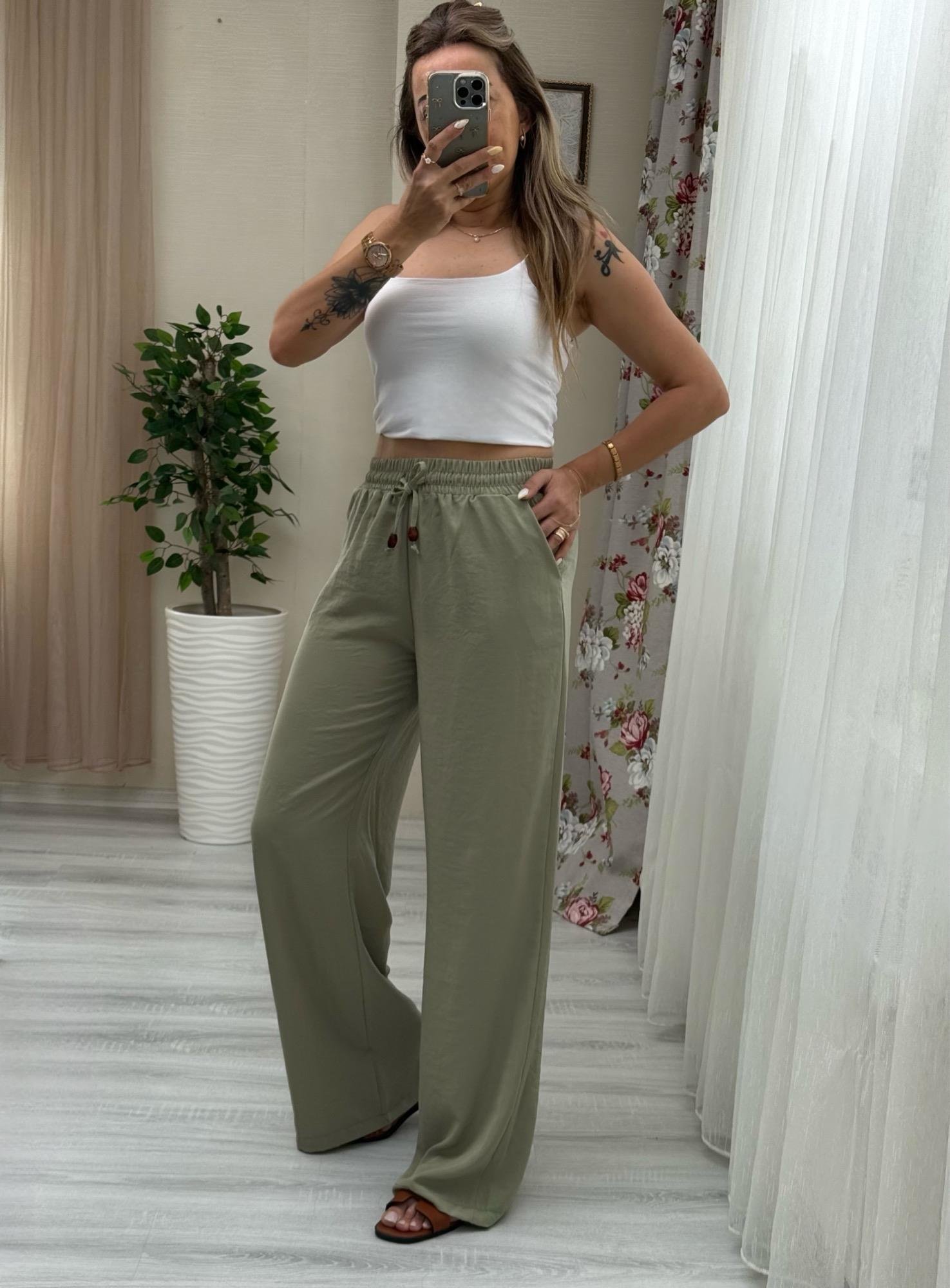 MODAYBUTİKBeli Lastikli Tencel Kumaş Mint Bol Paça Pantolon