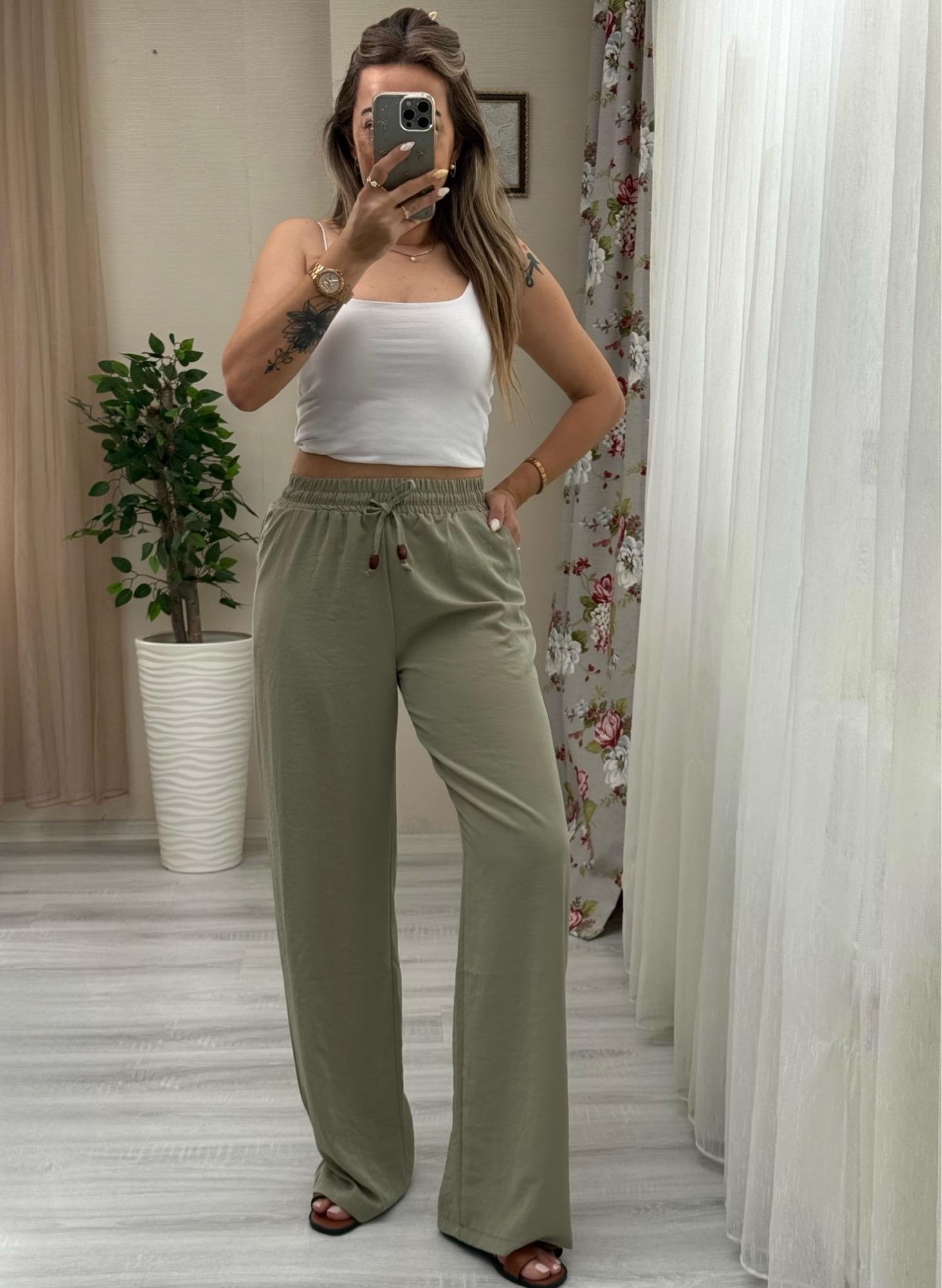 MODAYBUTİKBeli Lastikli Tencel Kumaş Mint Bol Paça Pantolon