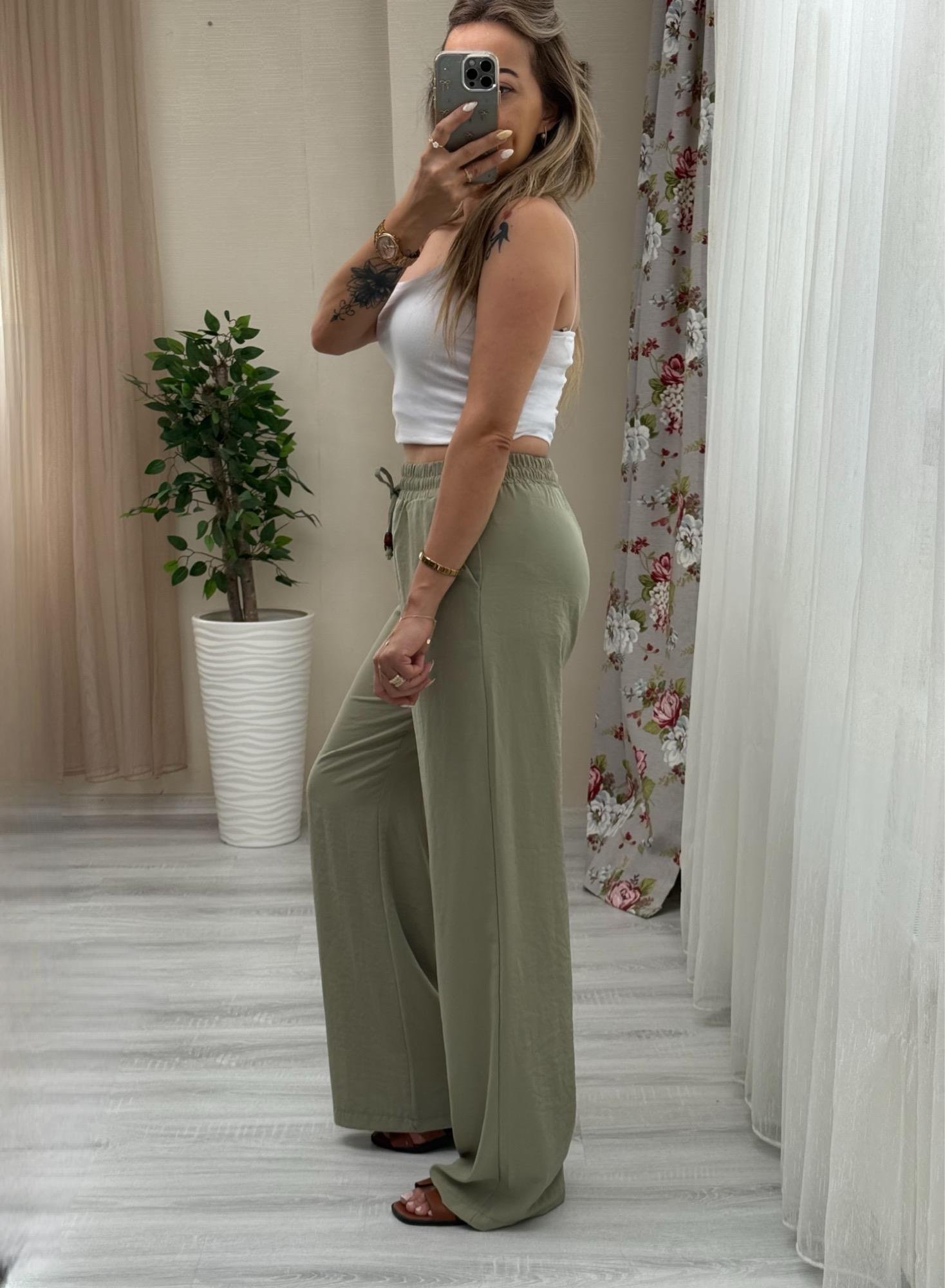 MODAYBUTİKBeli Lastikli Tencel Kumaş Mint Bol Paça Pantolon