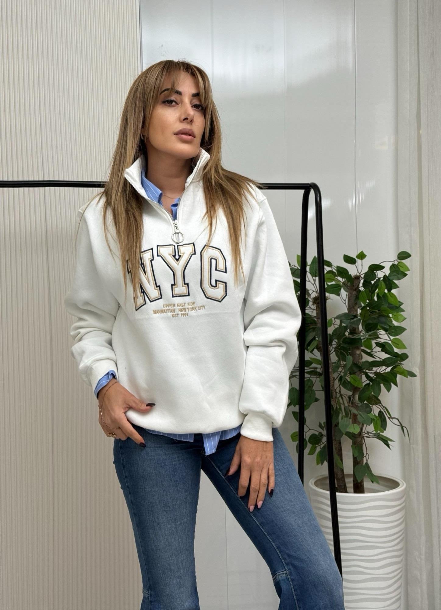 MODAYBUTİKBeyaz Lüks Baskılı Dik Yaka Sweatshirt