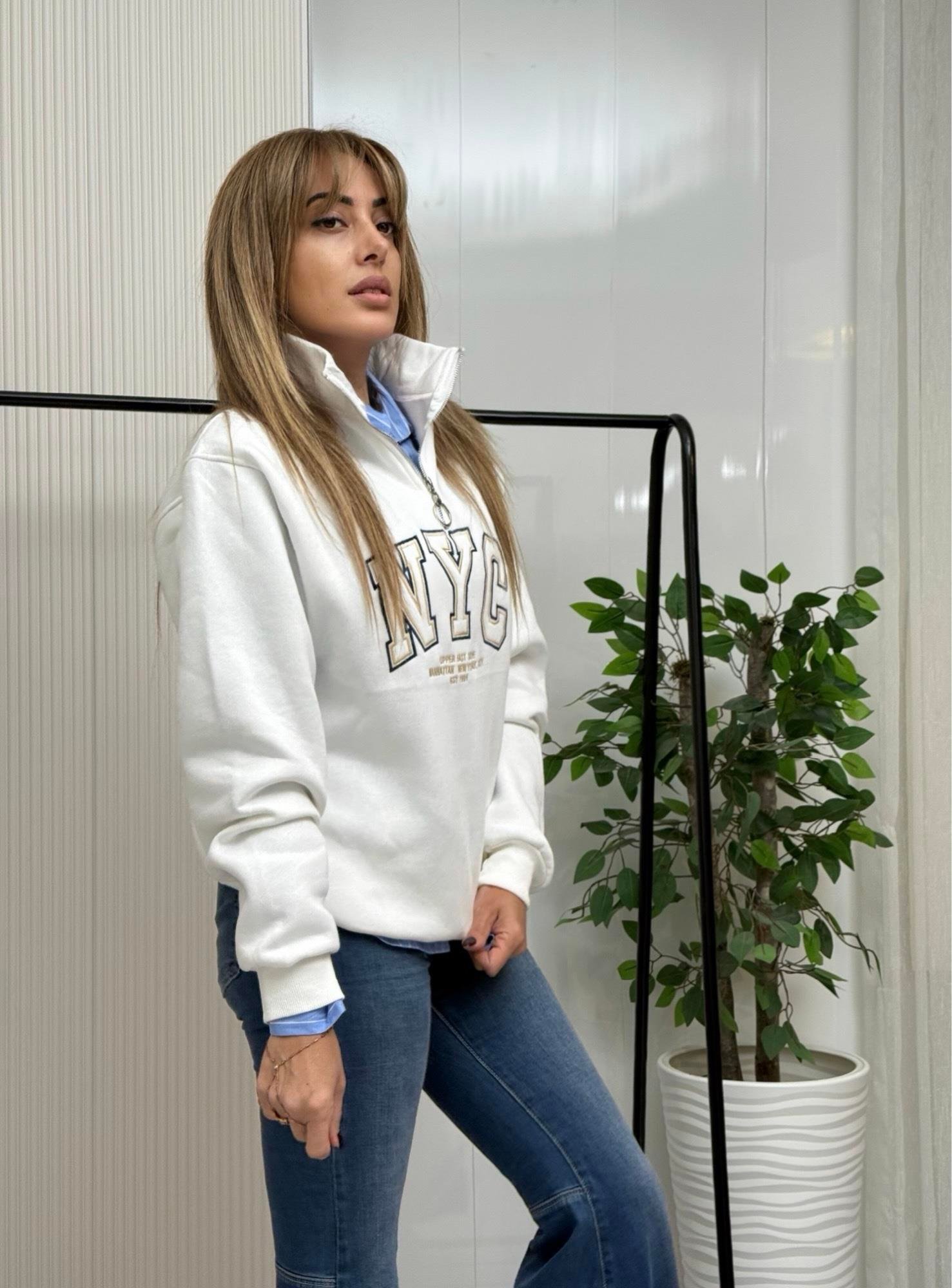 MODAYBUTİKBeyaz Lüks Baskılı Dik Yaka Sweatshirt