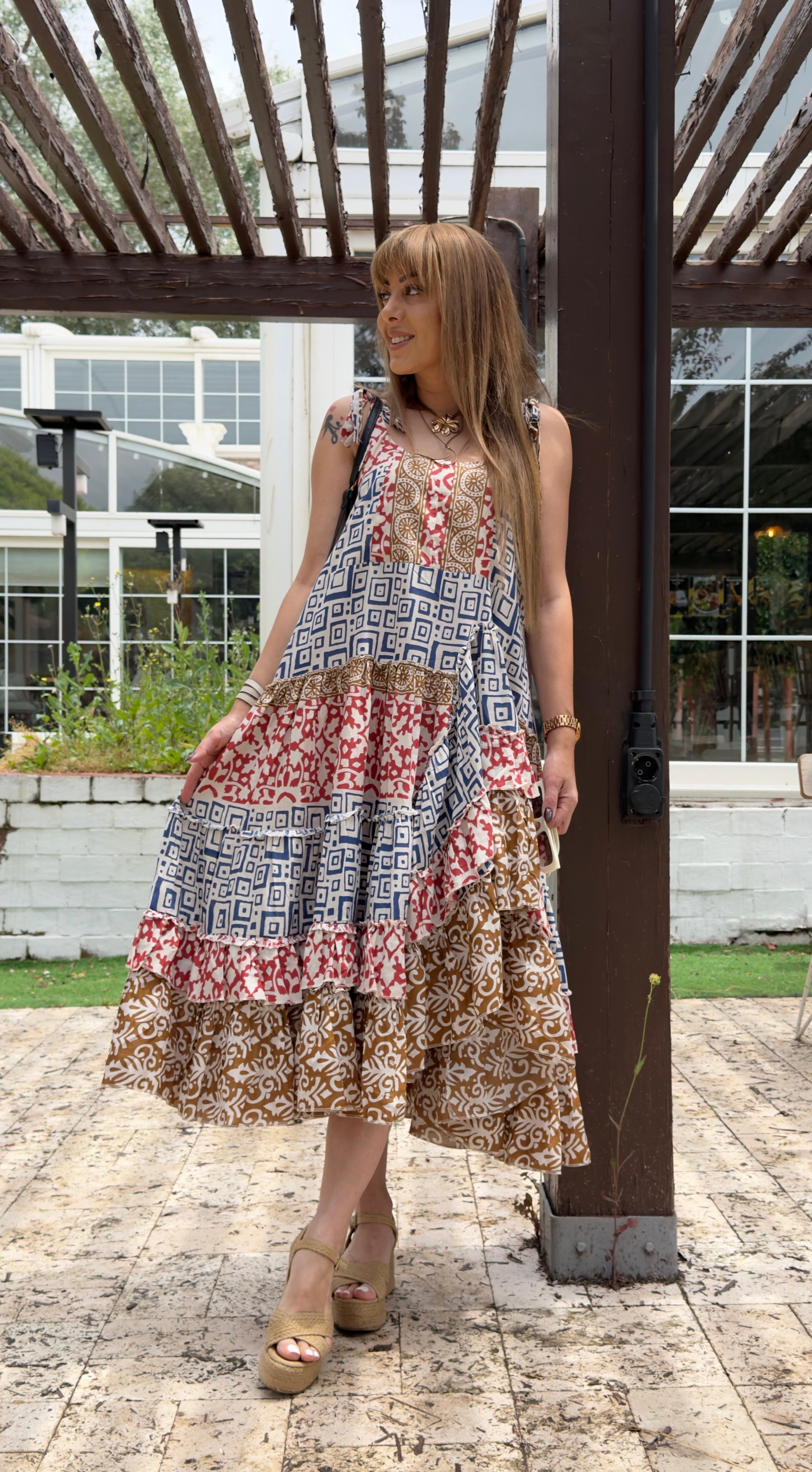 MODAYBUTİKBohem Patchwork Askılı Midi Elbise 