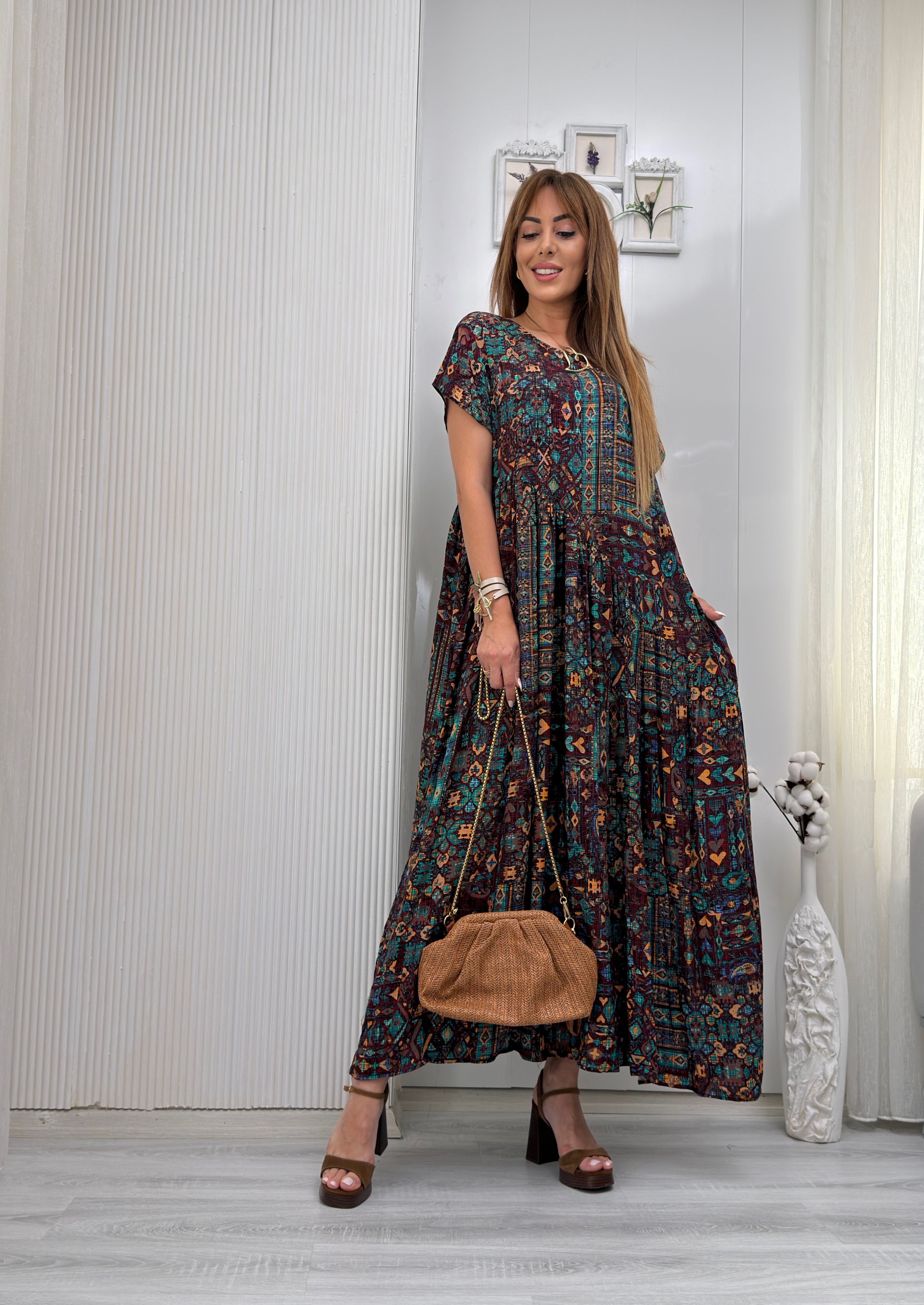 MODAYBUTİKBoho Dream Kilim Desenli Geniş Kesim Elbise